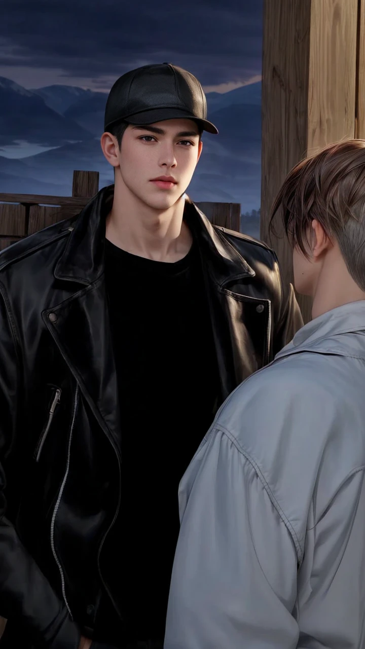 masterpiece, 1boy, young, handsome, black hair, undercut hair, hat, 1boy, handsome, brown hair, short hair, perfect face, detailed eyes and face,brown eyes, clean shaved, muscular, capturing a rural atmosphere, dynamic lighting, unreal engine 5