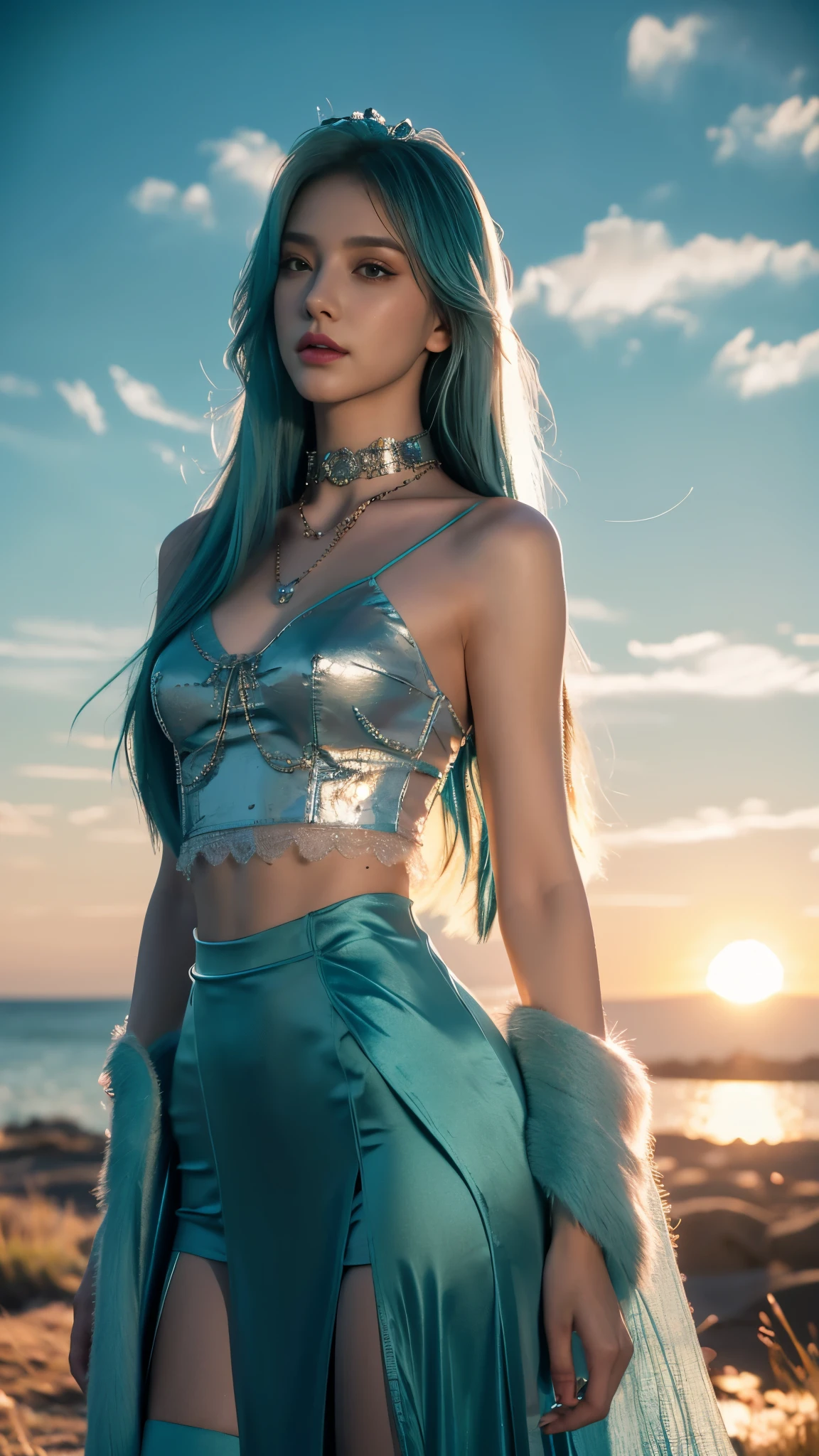 photorealistic, 1girl, ((slim body)), long hair, gradient hair, solo, detailed eyes, jewelry, bracelet, choker, small breasts, looking at viewer, realistic, necklace, (((teal princess))), long skirt, thigh highs, teal cape, sardine, lace, evening, sunlight, clouds, in the sky, clouds, realistic sun light,, detailed, upper body,