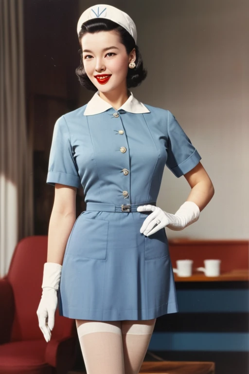Seoul, 1952, 1 korean girl, best quality,masterpiece,highly detailed,ultra-detailed, big breasts, strikingly beautiful, delicate facial features, porcelain skin, expressive eyes, black hair, red lips, erotic pose, Stewardess, light blue uniform, garrison cap, white gloves, pantyhose,((awe and joy expression)), ((Stewardess uniform from the 1950s))