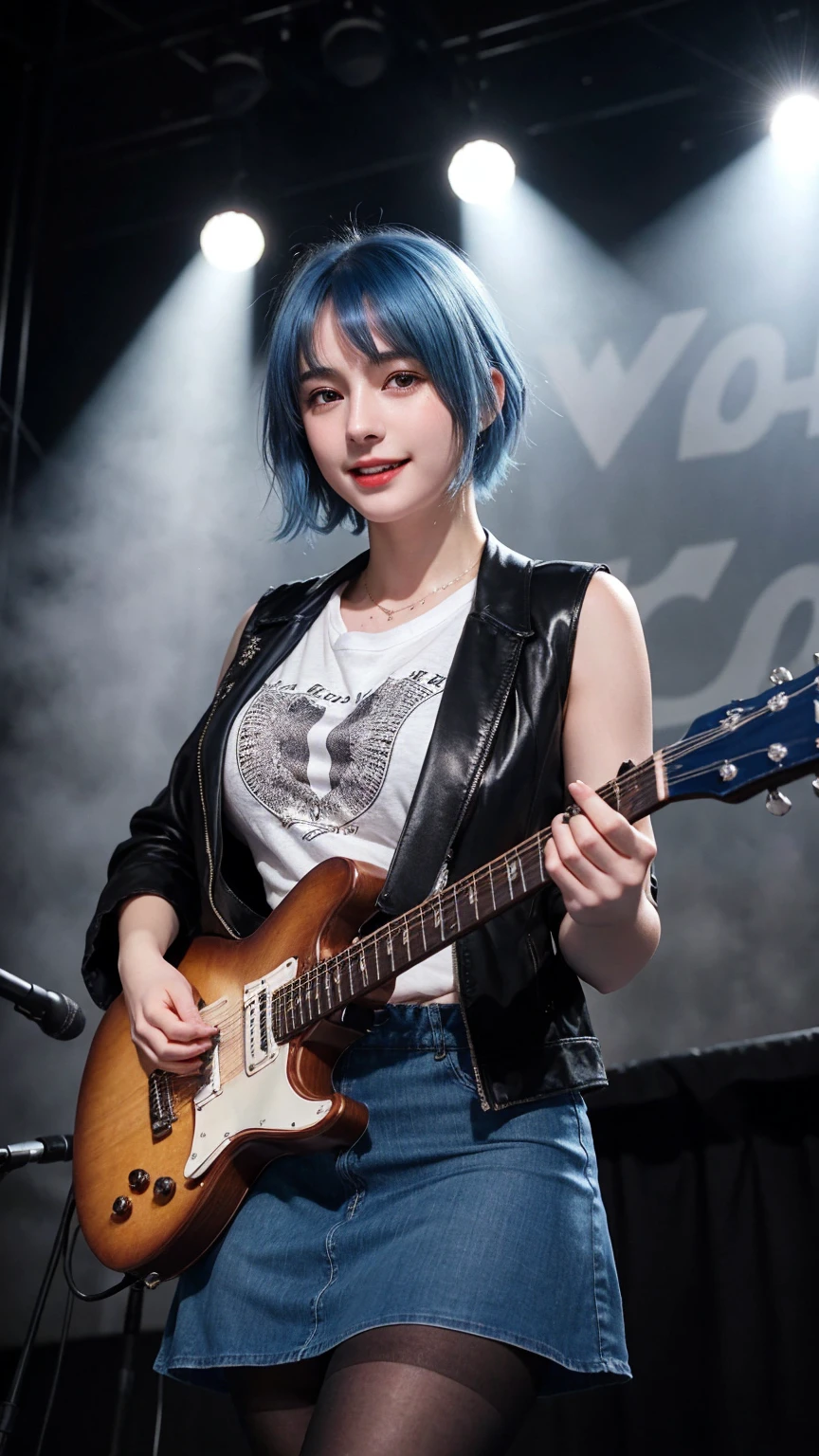 ((best quality))、((Photorealistic、Photorealism、Photorealistic))、High resolution、Denim jacket、Rock t shirt、Latex knee-length skirt、Long skirt、JK Style、Jacket、smile、Knee-high socks、Thigh-high socks、pantyhose、A superb beauty、Super cute、ennui、Rare beauty、Very Short hair、Aestethic tatoo, Black Dark Eyeshadow、Sad、white skin、pale skin, Very short hair layered、Dark Gothic Makeup、Cute Smile、Fragrant beauty、Stained glass background、Mastepiece、Best Quality、Refers to 5 books、Sweat glistening on my chest、Sweat glistening on my face、Small breasts、Blue hair、Age 20 years old、Mysterious look、A sad expression、Blue Hair、mysterious gothic church、enchanting castle、Sweating profusely all over the body、A lot of sweat and light on the thighs、Shiny thighs、Plenty of sweat glistening on the thighs、A large amount of sweat glistens on my thighs、Sweating profusely、Gal、Medium breasts、beautiful face、Alluring expression、Thin thighs、Playing electric guitar、I have an electric guitar、Sing a song enthusiastically、Playing guitar in a band、Playing guitar chords、Live House Background、Sing a song、Open your mouth、Live house scenery、Mike stand、Glamorous live stage、Dynamic Angle、cinematic lighting