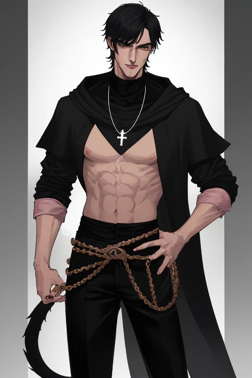 Tall, handsome man, short black hair. Black eyes. Straight nose. Chiseled jaw. Natural pink lips. (They are not painted). Flirtatious and fixed look. Casual wear with white shirt with black jacket and black pants along with a black cross necklace. Scar on the eye (Looks like a cat scratch). This guy looks like a 30 or 40 year old man. But he looks extremely handsome. This one would have a long black hood.This one would be muscular. And in his clothes he would have a black tunic