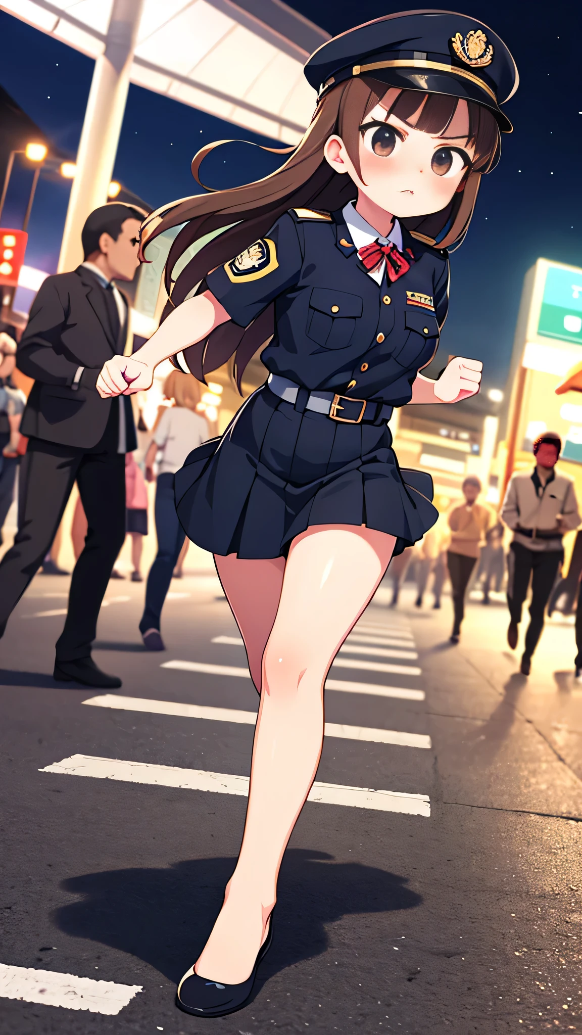 masterpiece, {highest quality], [Super beautiful], [Ultra fine], [Best illustration],Brown Hair, Hime cut, Long Hair, With bangs, girl, Uniform cap,Security uniform, Angry face, blush, Slender women, Straight Skirt, Running figure, （Public）Night Park, diagonal, From diagonal, Bare feet and pumps, Plain black pumps
