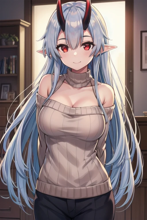 masterpiece, best quality, 1girl, tomoe gozen, torino style, glowing red eyes, smug smile, long silver hair covering one eye, silver long hair, elf, oni horns, cozy sweater, bare shoulders, cleavage, hands behind back, dramatic lighting, vibrant colors, cinematic composition