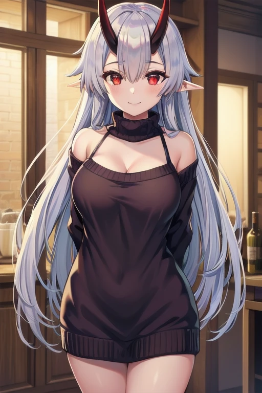 masterpiece, best quality, 1girl, tomoe gozen, torino style, glowing red eyes, smug smile, long silver hair covering one eye, silver long hair, elf, oni horns, cozy sweater, bare shoulders, cleavage, hands behind back, dramatic lighting, vibrant colors, cinematic composition