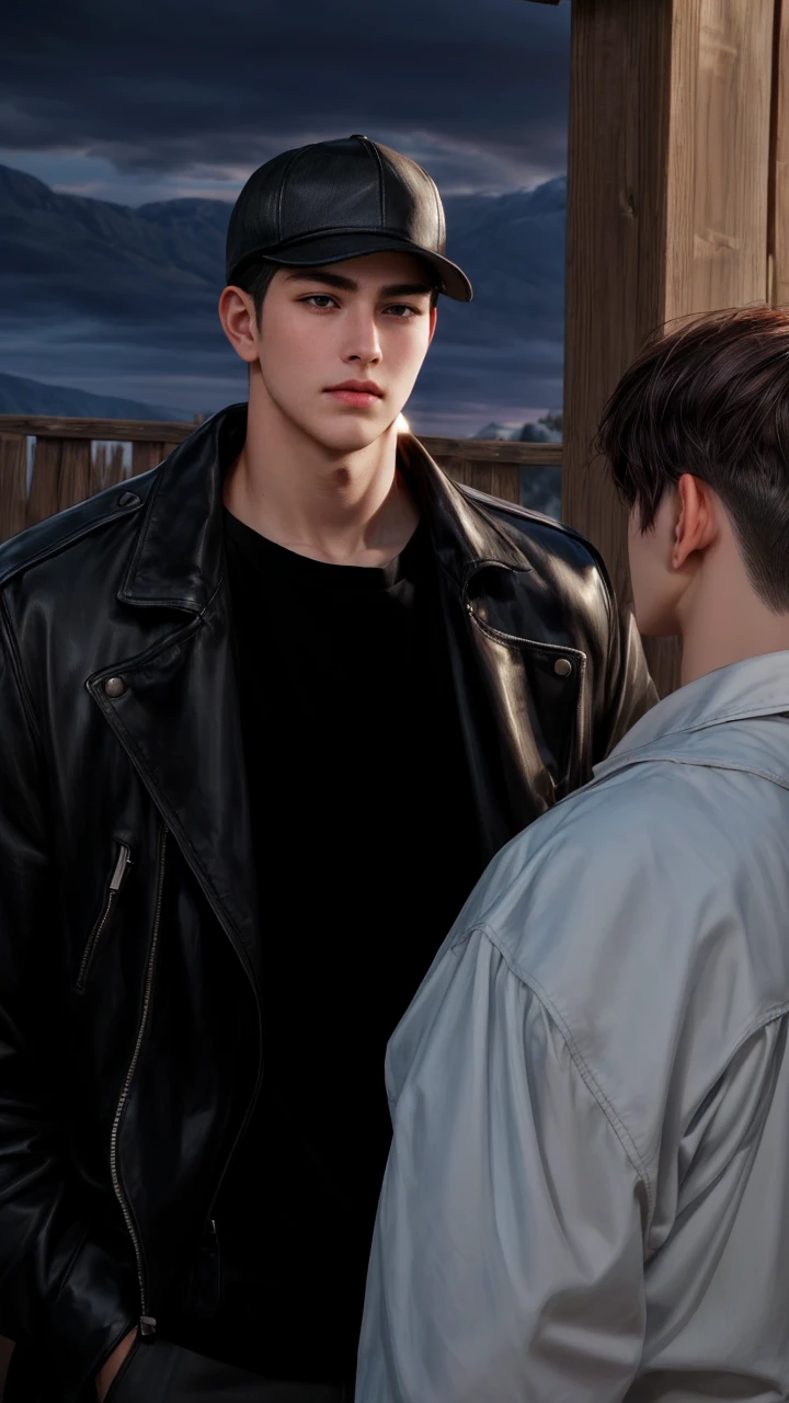 masterpiece, 1boy, young, handsome, black hair, undercut hair, hat, 1boy, handsome, brown hair, short hair, perfect face, detailed eyes and face,brown eyes, clean shaved, muscular, capturing a rural atmosphere, dynamic lighting, unreal engine 5