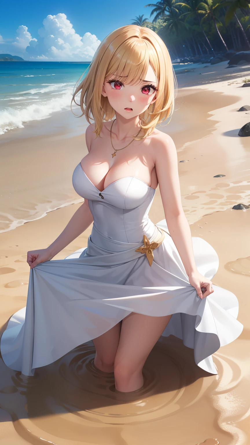 masterpiece, ultra-detailed, illustration, game cg, best quality, highres, kitagawa marin, 1girl, blonde hair, swept bangs, gradient hair, red eyes, glossy lips, (upset), large breasts, beach, (quicksand:1.3), strapless wedding dress, partially submerged, (skirt spread over the sand), standing, jewelry, necklace, waist deep, partially submerged
