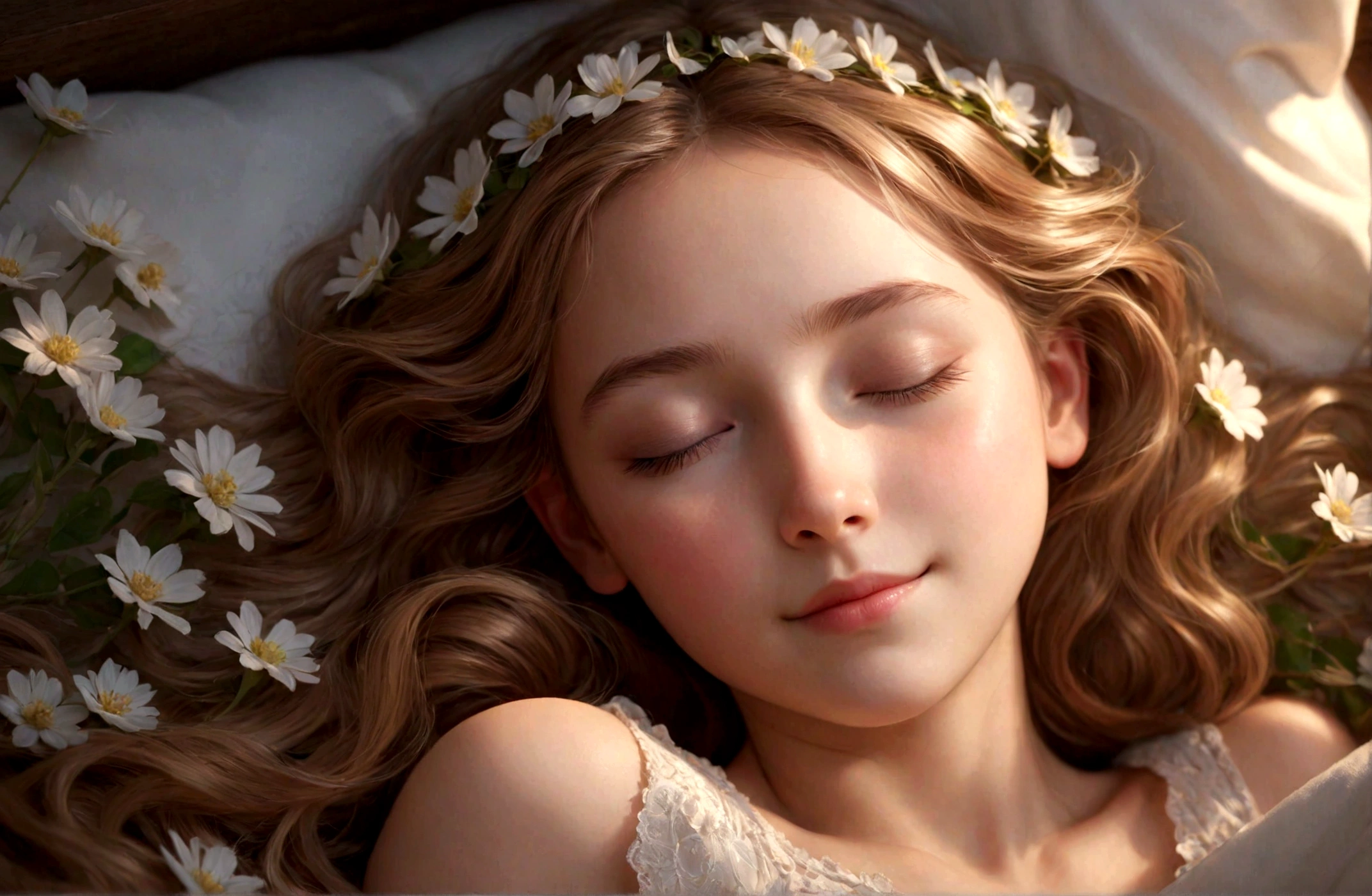 (masterpiece, best quality, ultra-detailed, highres, absurdres, best illumination, finely detail, bloom, lighting on face, best lighting, finely detailed beautiful eyes, shiny hair , perfect face),beautiful young girl, eyes closed, sweet smile, sleeping ,digital art, beautiful, cute and adorable, magic, enchanted, digital art,