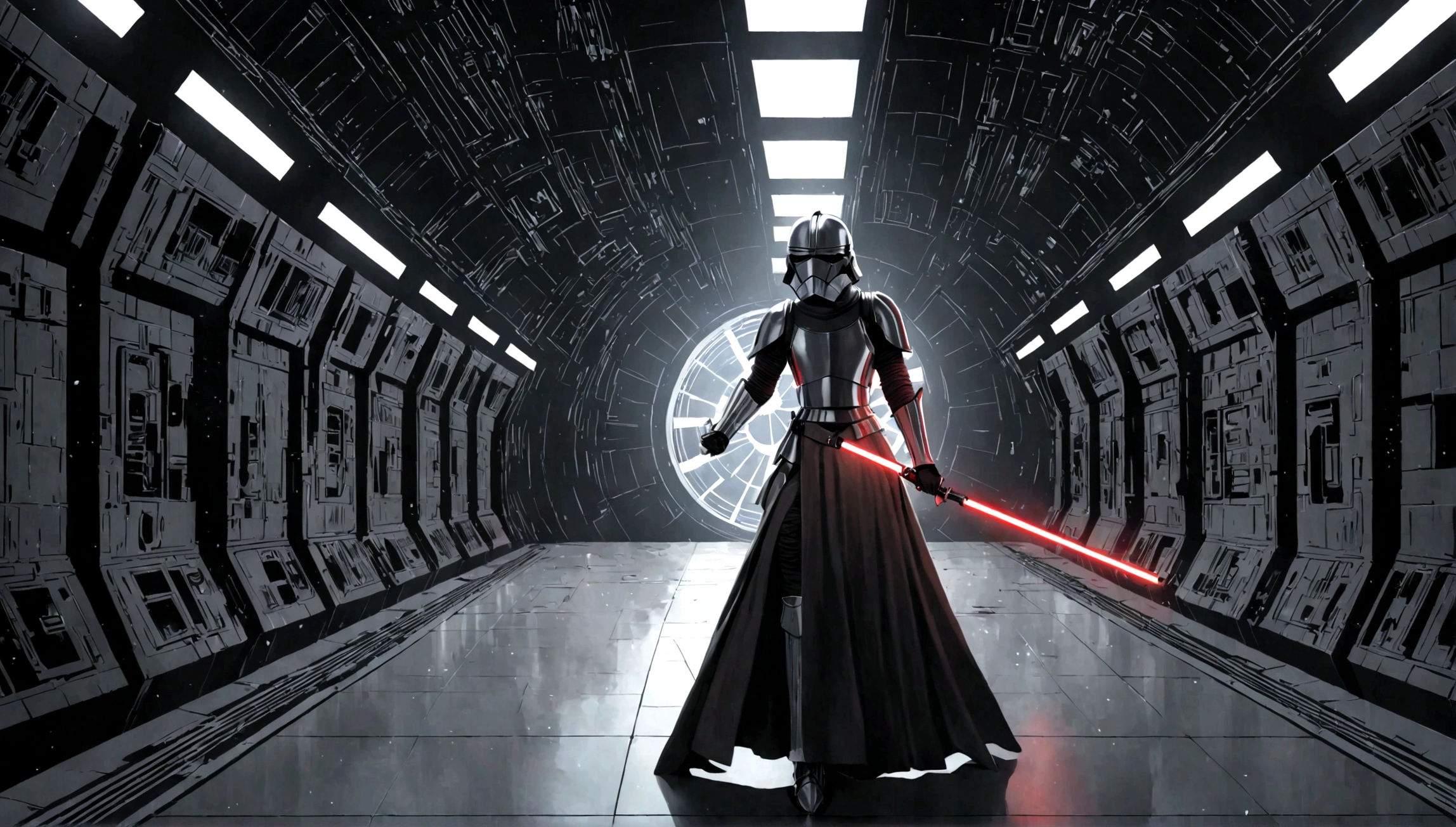 masterpiece,A female knight slashing with a lightsaber in the Death Star's hallway