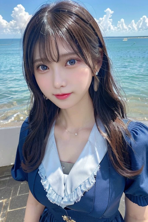 ★composition:(Full body photo)★quality:(2 girls), (Perfect hands:1.2), (Perfect Anatomy:1.2), (best quality:1.3), (masterpiece:1.3), (Very detailed:0.8), 17 years old, 完璧なface, かわいくて左右対称のface, 童face, Pink Lips, (:1.1), High resolution, High resolution, CG Unity 8k, Nice hands, throw, top quality, ★performance:(笑face:1.3), (:1.4), Happy, charm的な, faceを見て感じる, (Look at other people:1.3), looking up★被写体:(toru asakura: 1.3), ★face:detailed face, (beautiful face: 1.1), beautiful girl, cute, charm, beautiful detailed face, ★eye:blue eyes, detailed eyes, キラキラしたeye, charm的なeyeの反射, キラキラ輝くeye元, Pupil depth and three-dimensional effect, 虹彩の色の微妙な変化 ★イルミネーション:Light of the sun, ★chest: 小さなchest、Detailed skin, (chestの谷間:1.4), Shiny skin, ★hair: :(Wolf Cut)★style: animation, shape, (Wet:1.2), ★environment:Ocean, cloud, Day, Beach, ★Costumes :((JK Uniform、Take off your clothes)) , jewelry, Earrings, necklace, Earrings, accessories, ★One:Small Head, ★action:Blowjob