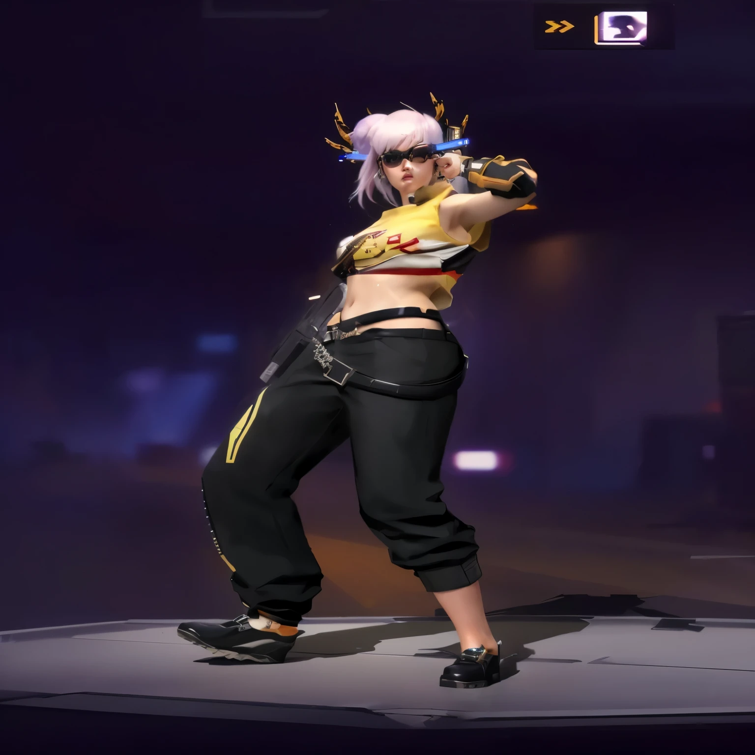 arafed image of a woman in a costume with a gun, mechanic punk outfit, kda, full body xianxia, sigma female, close full body shot, full body picture, leeloo outfit, tinyest midriff ever, zoomed out full body, full body close-up shot, cyberpunk outfit, ingame image