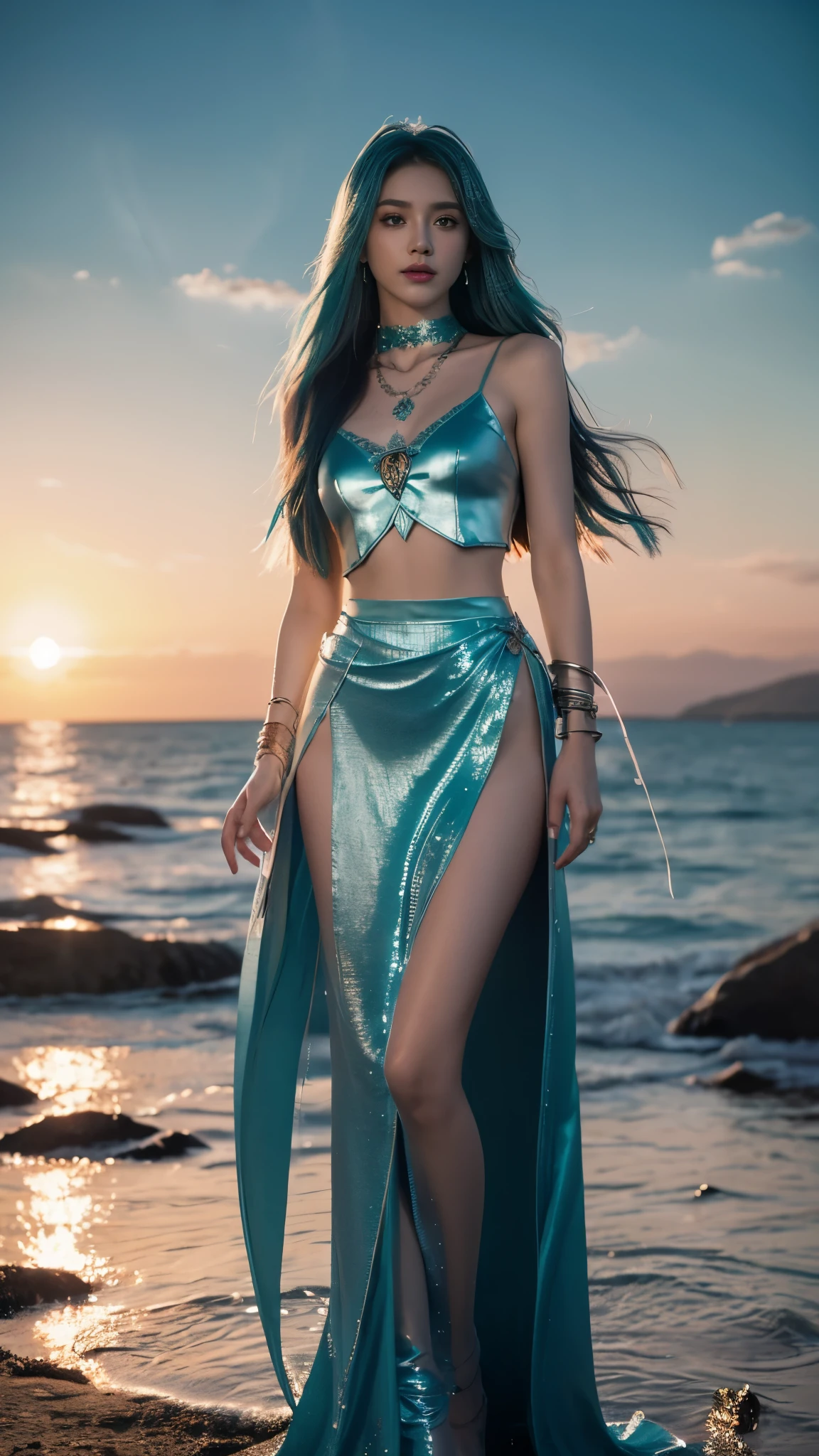 photorealistic, 1girl, ((slim body)), long hair, gradient hair, solo, detailed eyes, jewelry, bracelet, choker, small breasts, looking at viewer, realistic, necklace, (((teal princess))), long skirt, thigh highs, teal cape, sardine, lace, evening, sunlight, clouds, in the sky, clouds, realistic sun light,, detailed, upper body,
