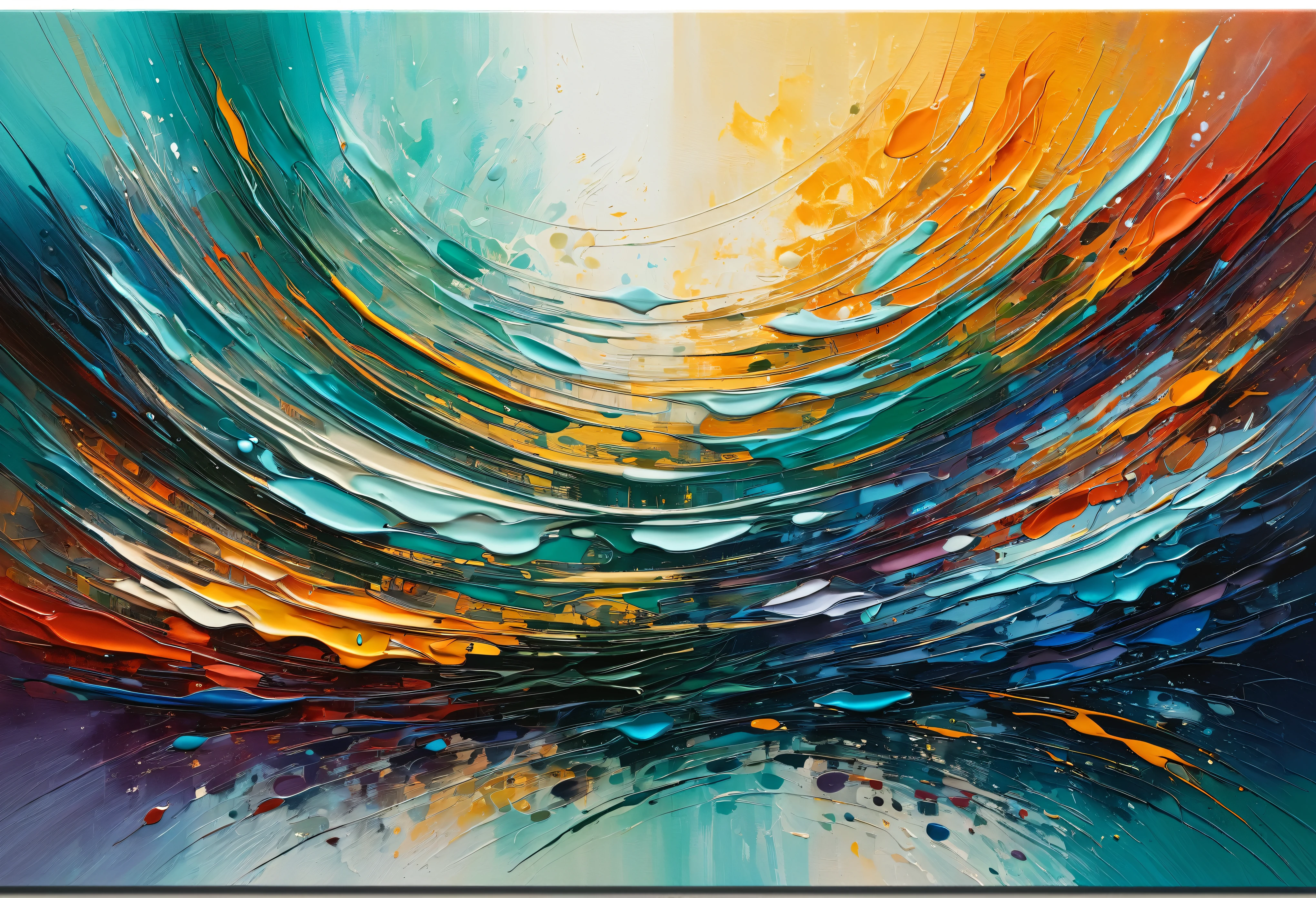 A breathtaking masterpiece, meticulously crafted with intricate abstract calligraphy, painted in a rich tapestry of analogous colors. The canvas is thickly layered with oil paints, creating a textured, nuanced composition that invites the viewer to explore its depths. Each stroke of the brush is deliberate and intentional, resulting in a harmonious blend of hues that creates a sense of movement and flow. The painting exudes an ethereal quality, as if it were a living, breathing entity, pulsating with energy. When viewed closely, one can see the vivid texture created by the thick layers of paint, adding a sense of depth and dimension to the artwork. This