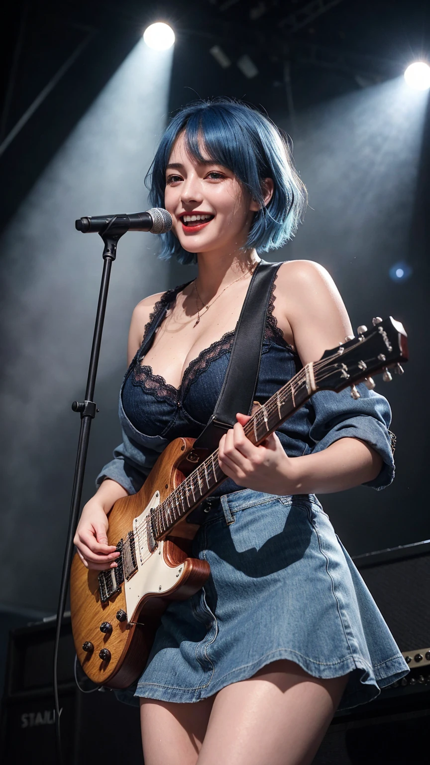 ((best quality)), photorealistic, photorealism, Photorealistic, high resolution, denim jacket、 Sexy Lace bra、Red checked knee-length skirt、Long skirt、JK Style、Jacket、smile、A superb beauty、Super cute、ennui、Rare beauty、Very Short hair、Aestethic tatoo、Black Dark Eyeshadow、Sad、white skin、pale skin, Very short hair layered、Dark Gothic Makeup、Cute Smile、Fragrant beauty、Stained glass background、Mastepiece、Best Quality、Refers to 5 books、Sweat glistening on my chest、Sweat glistening on my face、Small breasts、Blue hair、Age 20 years old、Mysterious look、A sad expression、Blue Hair、mysterious gothic church、enchanting castle、Sweating profusely all over the body、A lot of sweat and light on the thighs、Shiny thighs、Plenty of sweat glistening on the thighs、A large amount of sweat glistens on my thighs、Sweating profusely、Gal、Medium breasts、Beautiful face、Alluring expression、Thin thighs、Playing electric guitar、I have an electric guitar、Sing a song enthusiastically、Playing guitar in a band、Rock band、Playing guitar chords、Live House Background、Sing a song、Open your mouth、Live house scenery、Mike stand、Glamorous live stage、Dynamic Angle、cinematic lighting
