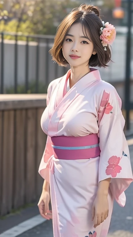 (8k、RAWphotograph、highest quality、masterpiece:1.2),(Long Bob Cut),Looking at the audience,Viewed from the front,Sexy pose, strong,erotic,student,White skin,knees,Absurd,Small face,Part the front hair from the center、The forehead is visible,(Be embarrassed,Squint your eyes,Glare,strong,skinny,skinny,Irritated)、masterpiece,highest quality、超A high resolution,one person, one personで,Close-up shot、cute、Return to student,(A pure pink floral yukata:1.5),high school girl,Japanese women,Are standing,(Photorealistic:1.37)、Photon Mapping,Realistic、cuteSmall face,Brown eyes、prospect、Written boundary depth、Blurred Background、photograph,girl、(I can see the front hair), hair, I can see the knees,Light clothing,, thigh,Nogizaka Idol, actress、Natural Breasts、Cleavage、Super quality、Low people、(Skin with visible pores:1.2)、(Focus on the face)、Check and correct the garment construction, (Big Breasts:1.4),