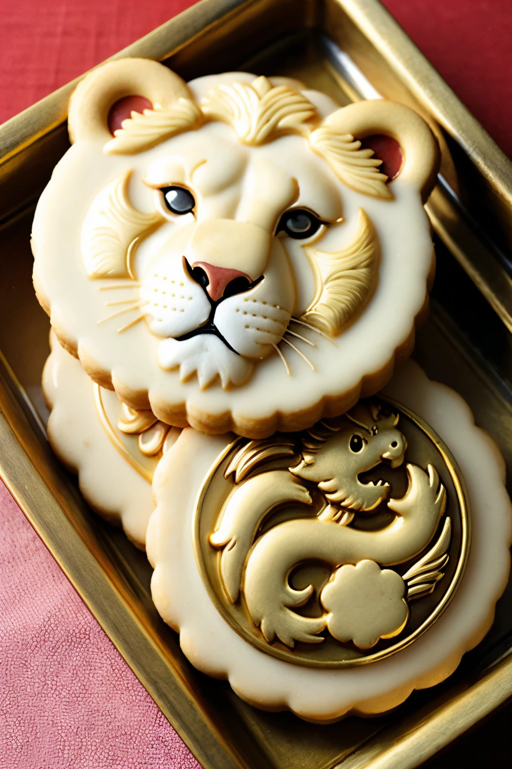 ((best quality)), ((masterpiece)), (detailed),  Chinese lion shaped biscuits，Single color，Like Japan&#39;s Great Buddha Burning
