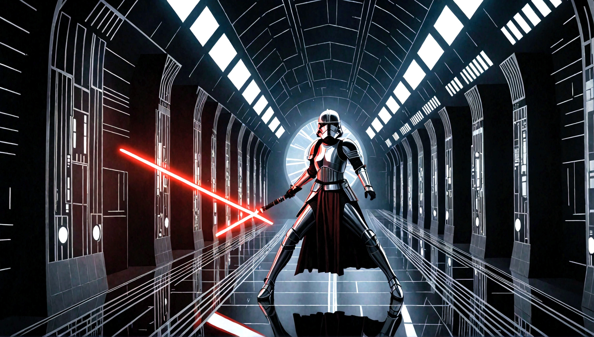 masterpiece,A female knight slashing with a lightsaber in the Death Star's hallway