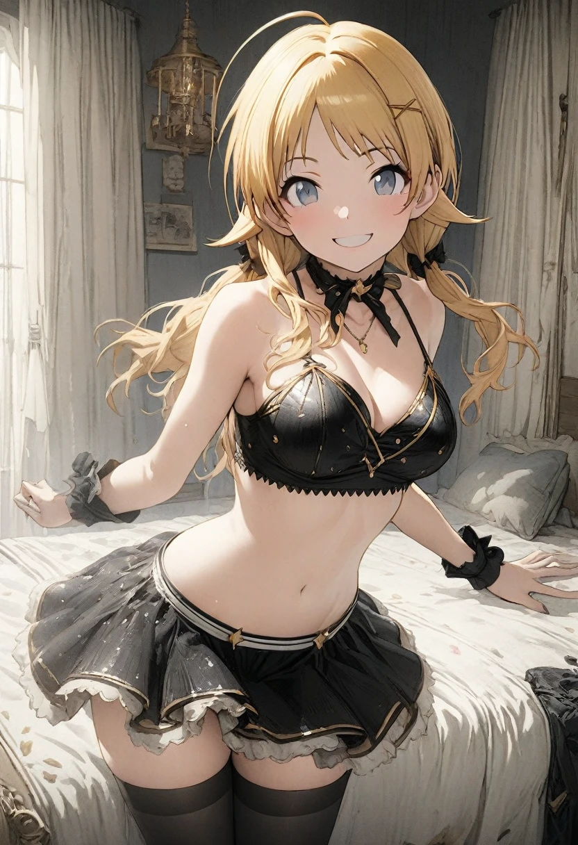 (pale illustration,anime illustrations:1.2),(masterpiece, highest quality, so beautiful, Super detailed),textured skin, high details,8k,gleaming skin,pale outline
(hachimiya meguru, idolmaster:1.2),gold hair,
1 girl,(black Thighhighs:1.3),middle breasts,shorty,happy smile,
idol bikini costumes,standing,
from front,white and clean bedroom