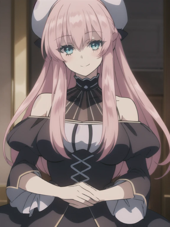 ((Best quality))), ((Ultra-detailed)), ((illustration)), ((Disheveled hair)), ((frilld)), (1 girl), (Solo), 1girl, closed_mouth, looking_at_viewer, solo, rating:safe, arms_behind_back, bangs, black_bow, blush, bow, clothing, dress, eyebrows_visible_through_hair, female, female_only, fur_hat, hair_flaps, hat, head_tilt, headwear, long_hair, long_sleeves, sidelocks, smile, very_long_hair, pink_hair, aqua_eyes,