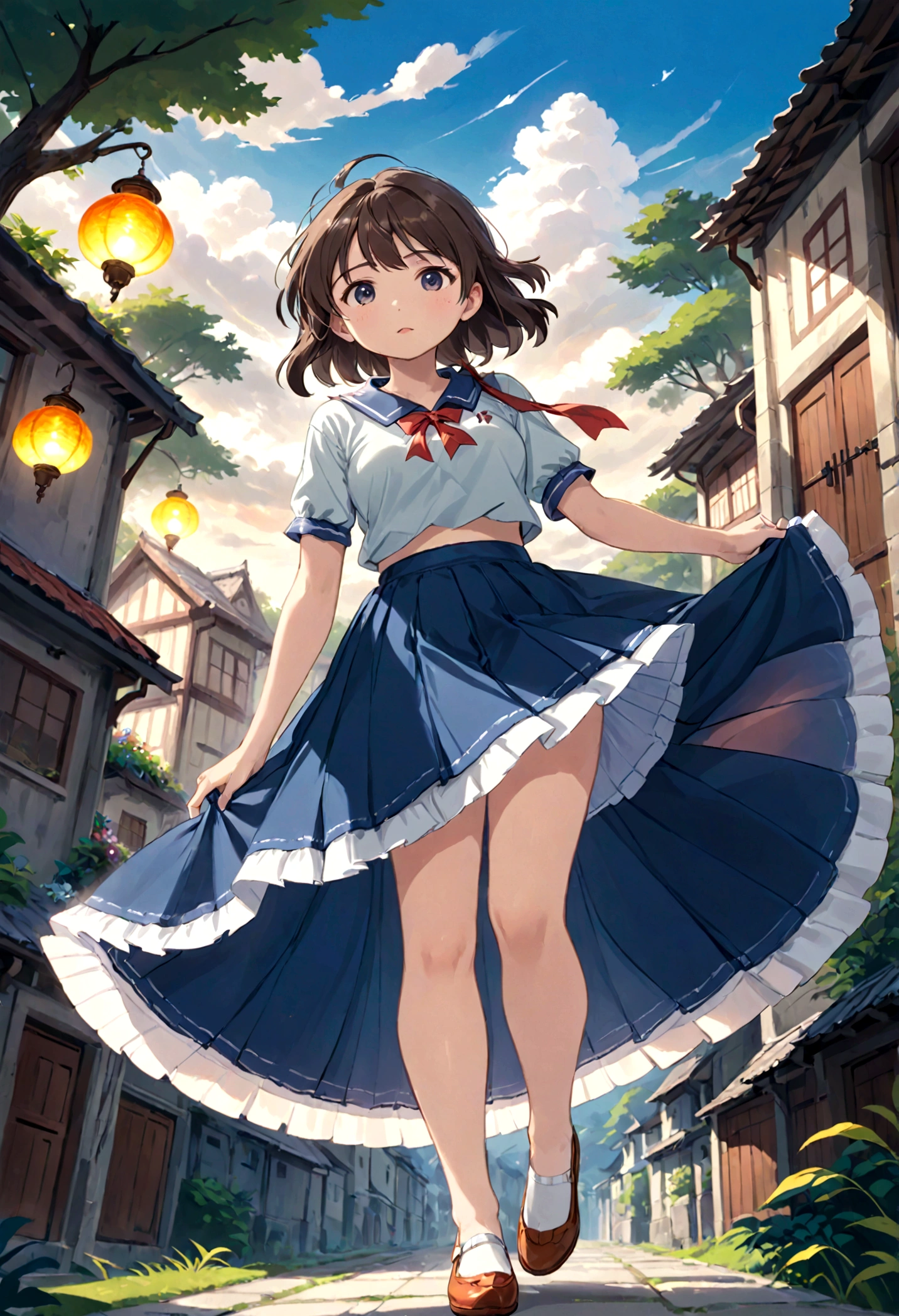 Low - Angle、Long skirt、強WindでHolding the flipping skirt with your hand、強WindでWhite cotton pantiesが見えている、:((Holding the flipping skirt with your hand))Low - Angle8Kで、highest quality、masterpiece、Ultra-detailed、Ultra-high resolution、Anime Style、1. High school girl、強Wind、((Holding the flipping skirt with your hand))、(impatient)White cotton panties:1.5), (Wind:1.25), (highest quality:1.0), (masterpiece:1.0), (Ultra-fine illustrations:1.0), ネイビーブルーのLong skirt、
、Lined、