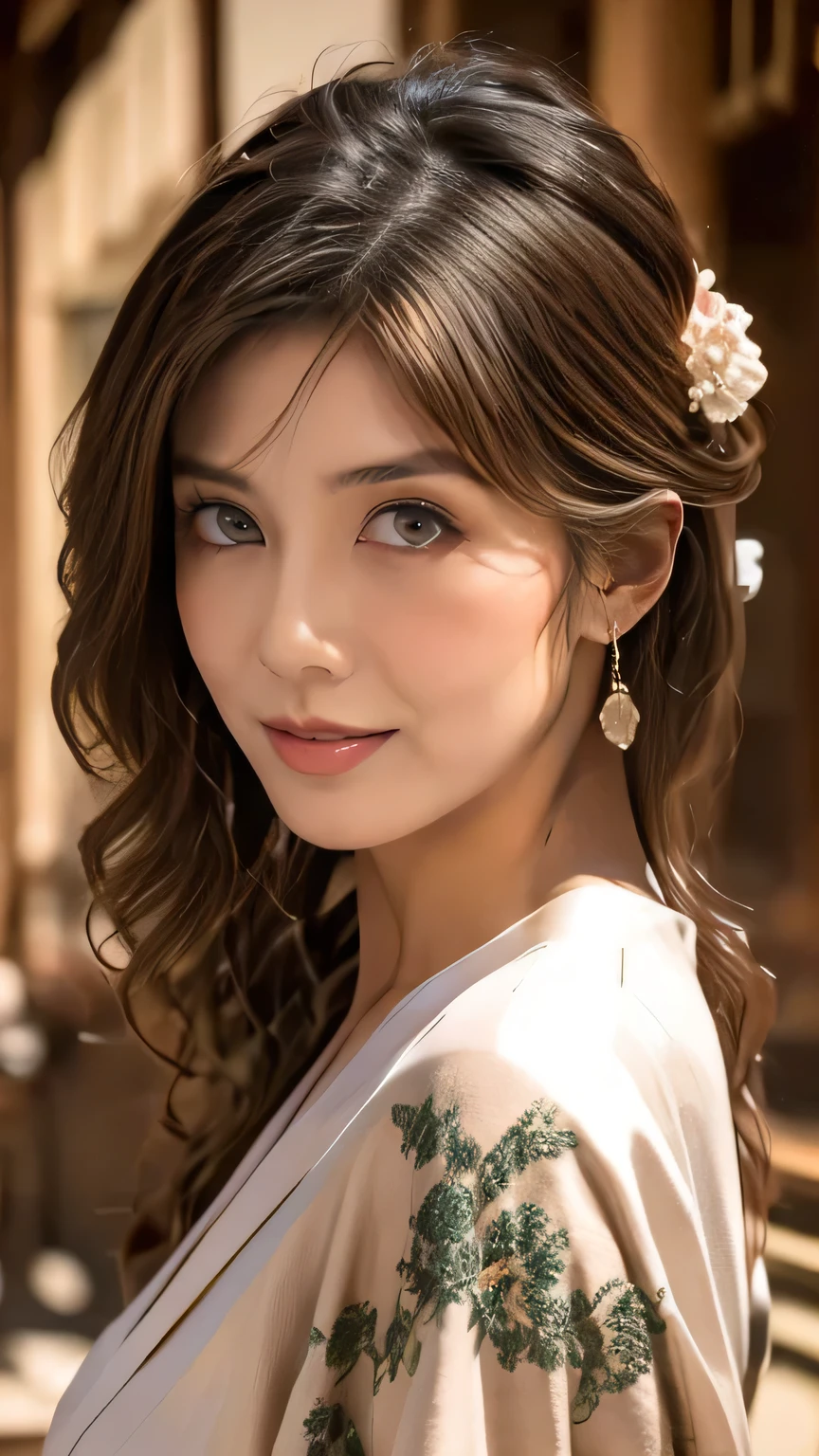 Historic Buildings in Japan、Wearing a navy blue kimono、Unreal Engine:1.4,Hmph,highest quality:1.4, From photorealism:1.4, Skin Texture:1.4, masterpiece:1.8, 1. woman, Lift your hips high, Beautiful Eyes, Long-haired, The eyes are round, gem, tattoo, kimono