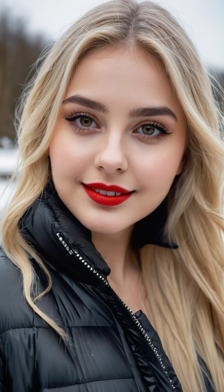 hyperrealistic beautiful busty 19-year-old woman with long legs wearing casual winter outfit with shiny black puffer coat, model shooting full body photography, bleached blonde very long straight hair, soaky wet skin, dark eye makeup with eyeliner, seductive smile, red lips, 8K, Best quality, Meisterwerk, ultra high resolution, (Realismus: 1.4), Originalfoto, (realistische Hautstruktur: 1.3), (Filmkorn: 1.3), (Selfie-Winkel), 1 girl, Beautiful round hazel eyes and facial details, Meisterwerk, Best quality, outdoor photography