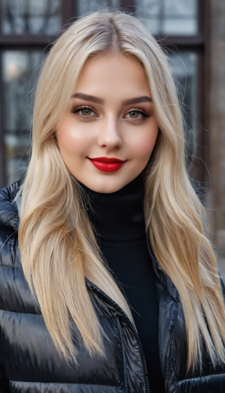 hyperrealistic beautiful busty 19-year-old woman with long legs wearing casual winter outfit with shiny black puffer coat, model shooting full body photography, bleached blonde very long straight hair, soaky wet skin, dark eye makeup with eyeliner, seductive smile, red lips, 8K, Best quality, Meisterwerk, ultra high resolution, (Realismus: 1.4), Originalfoto, (realistische Hautstruktur: 1.3), (Filmkorn: 1.3), (Selfie-Winkel), 1 girl, Beautiful round hazel eyes and facial details, Meisterwerk, Best quality, outdoor photography
