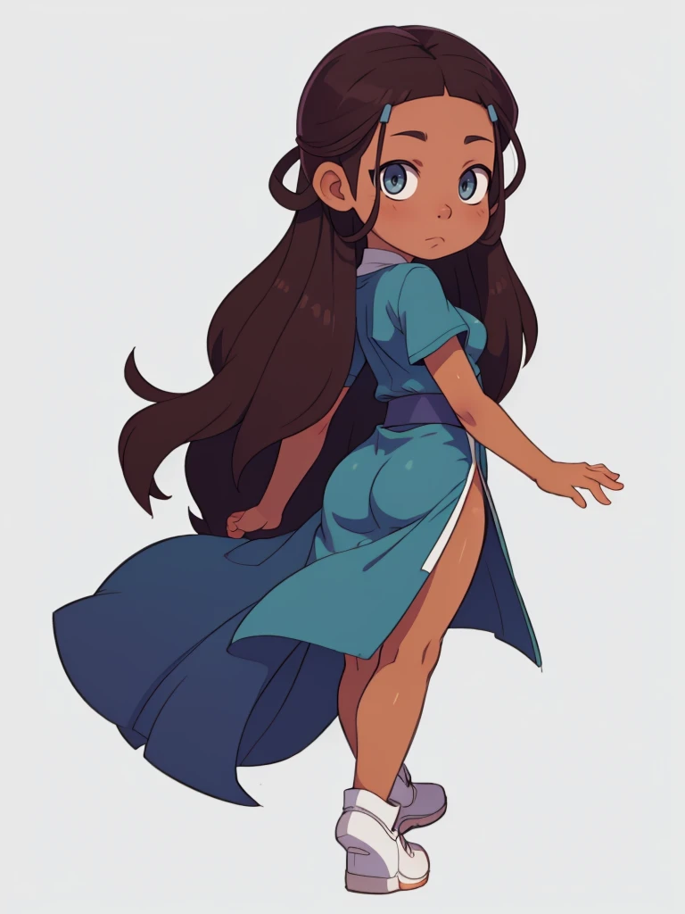 katara, dark skin, dark-skinned female, sticker, simple background, full body, cute, kawaii, ((white background:1.3)), simple background, clean:0.9, lineart, vector, happy, same as original, chibi, from behind, looking back