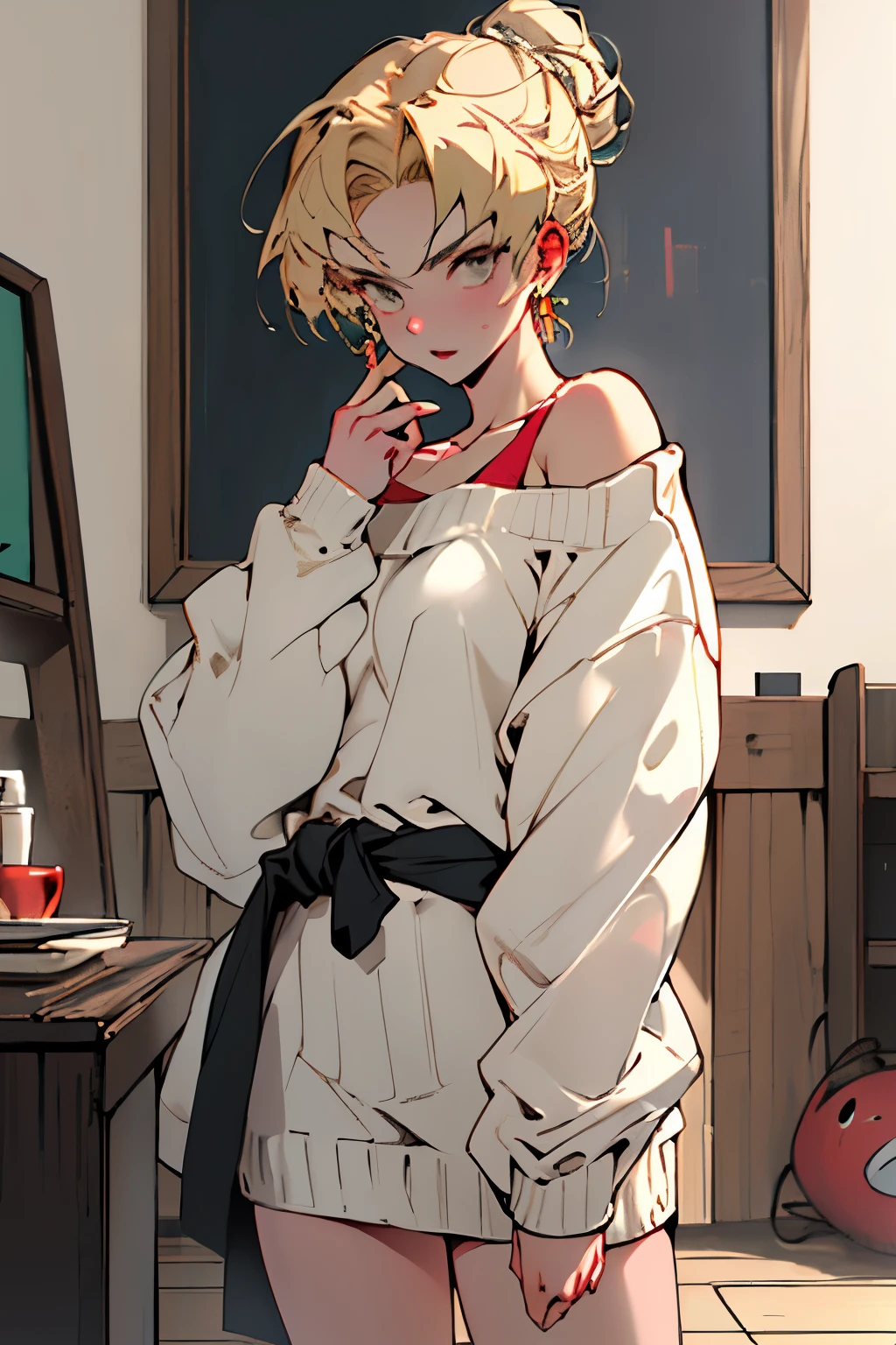 ((mejor calidad)), ((obra maestra)), (detallado), 1 chica, off shoulder sweater, Haz a partir del estilo de Jujutsu a Suguru Geto femenina