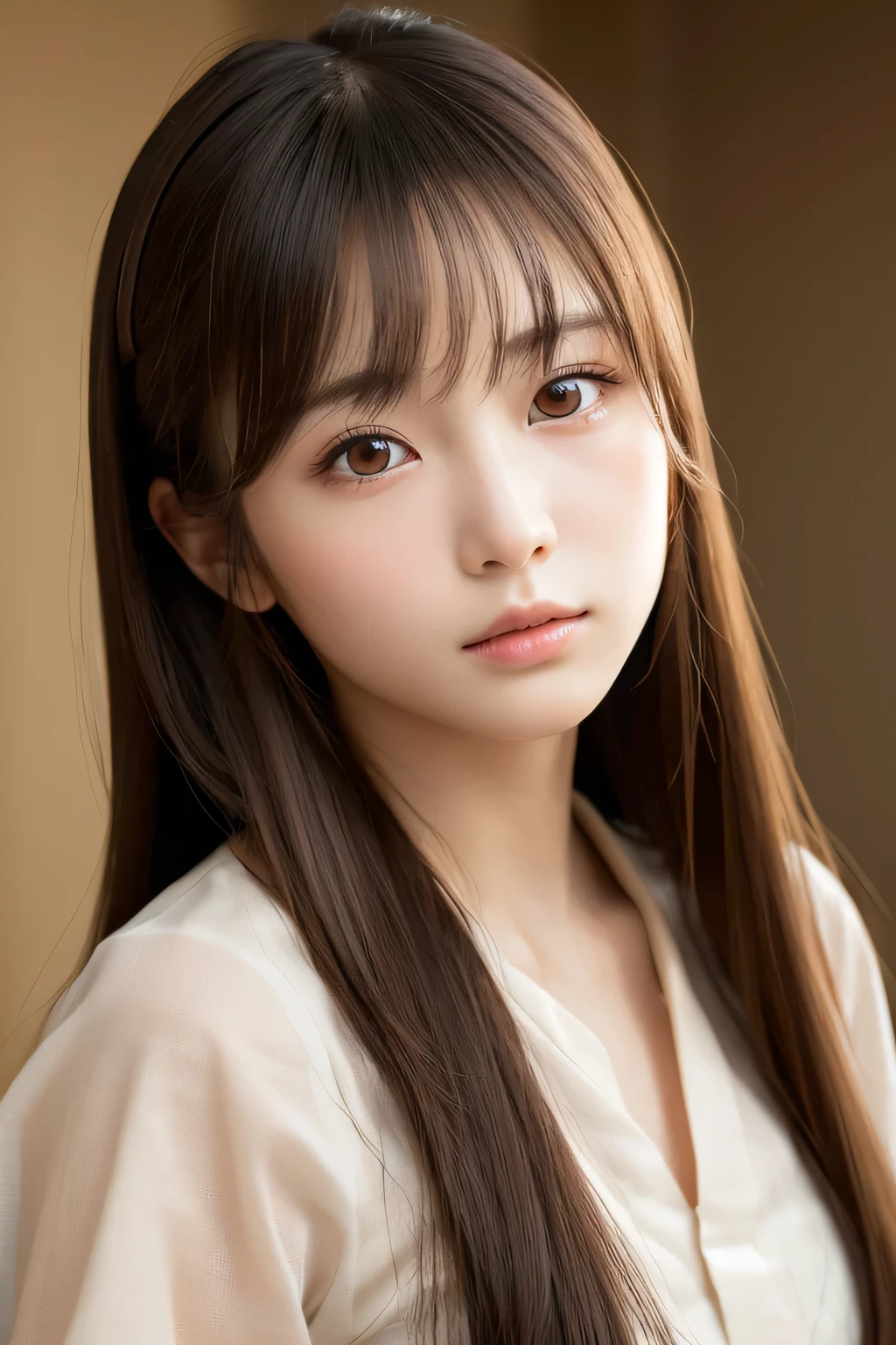 highest quality, Face Focus, Soft Light, Ultra-high resolution, (Realistic:1.4), RAW Photos, 1 Japanese girl, alone, cute, (pupil, Light in your eyes), Beautiful face in every detail, (Small box),(High resolution detail of human skin texture), (Long Hair), indoor, Damask Shirt Dress, (Portraiture)