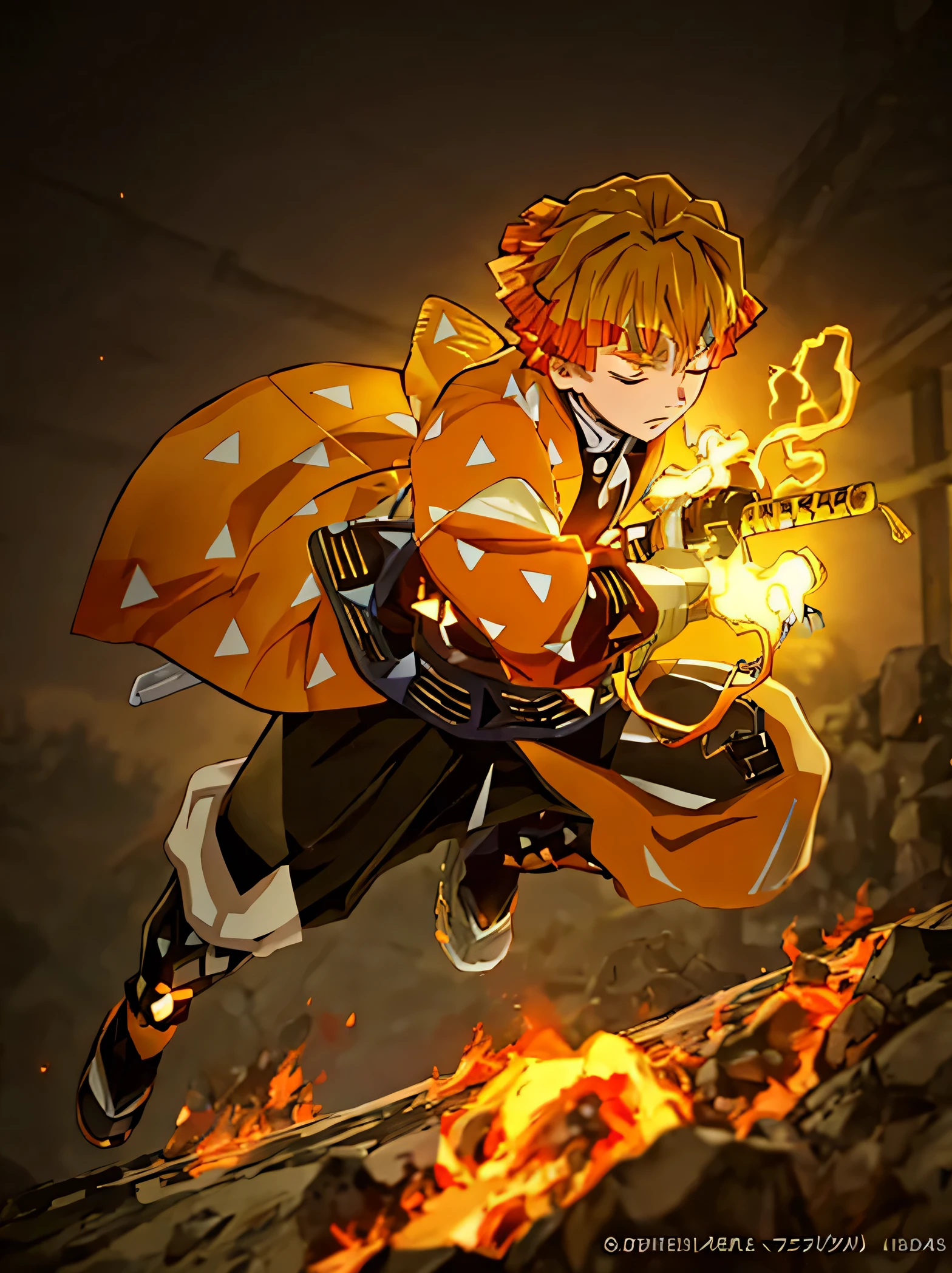 Zenitsu Agatsuma, orange-haired anime boy from the world of Demon Slayer, stands in the midst of a blazing inferno. He is wearing a vibrant yellow jacket and stylish black pants, completing his eye-catching outfit. With his intensively detailed face, Zenitsu's closed eyes radiate a sense of tranquility. In his hand, he tightly grips a sleek katana, ready to unleash his lightning-fast attacks. The atmosphere is filled with a vivid orange color palette, enhancing the intensity of the scene. The lighting gracefully illuminates Zenitsu's figure, casting shadows that add depth and realism to the overall composition. This prompt guarantees the best quality output, ensuring ultra-detailed and realistic results. The artwork will showcase Zenitsu's unique anime-inspired style, stunning viewers with its remarkable level of detail and fine painting.