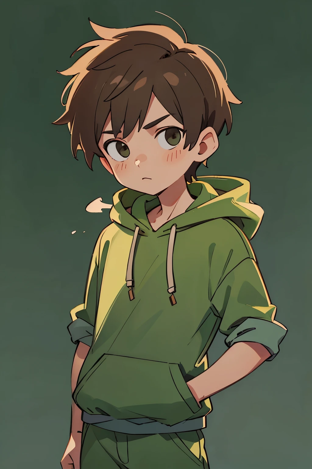 Short brown hair with green hoodie. Young boy