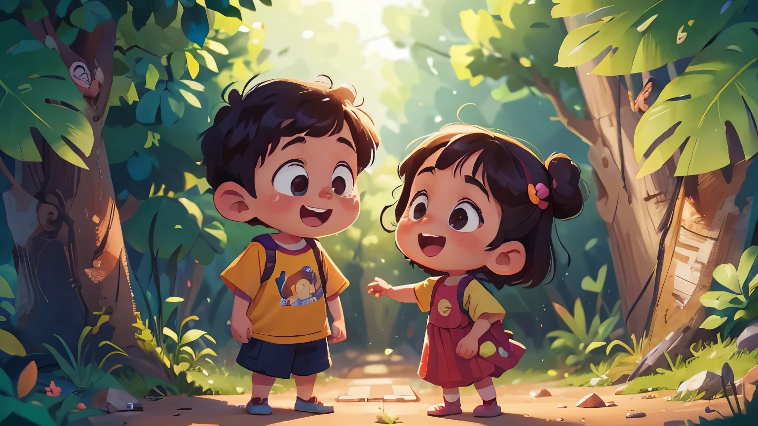 Two children, best friends, standing together, 8K, high detailed, Disney Pixar style, joyful and vibrant atmosphere