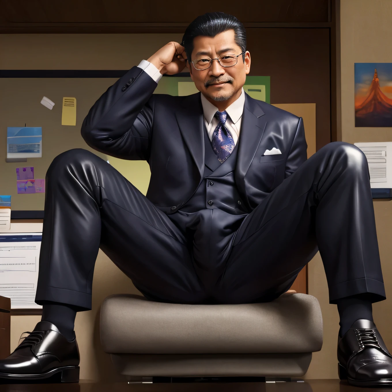 55 years old,Kogoro Mori,uncle,temperament,Sitting in the office,Black socks,Slip leather shoes,beard,toughness,HD,artwork,Full of enjoyment,Very shy,Wear a suit,Big Ass,Masculinity,There are huge bulges in the crotch,God's Perspective,Take off your pants,Bottom View , Excited expression(There is milky translucent mucus on the buttocks and back)