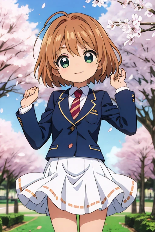 masterpiece, highest quality, High resolution,cute, anime, cute,Sakura Park,1 boy dressed as a woman, Age: 7 years old,Are standing,Short Bob Hair,maroon brown hair,Dark colored uniform skirt,Putting on socks,Wear school-issued pumps,Happy expression,Soft atmosphere, Beautiful background,Looking into the camera,Cherry petals are scattered,Decorate with cherry blossoms,Navy blue blazer with white trim,The wind flipped up her skirt,Wearing a striped tie,There is nothing above the head