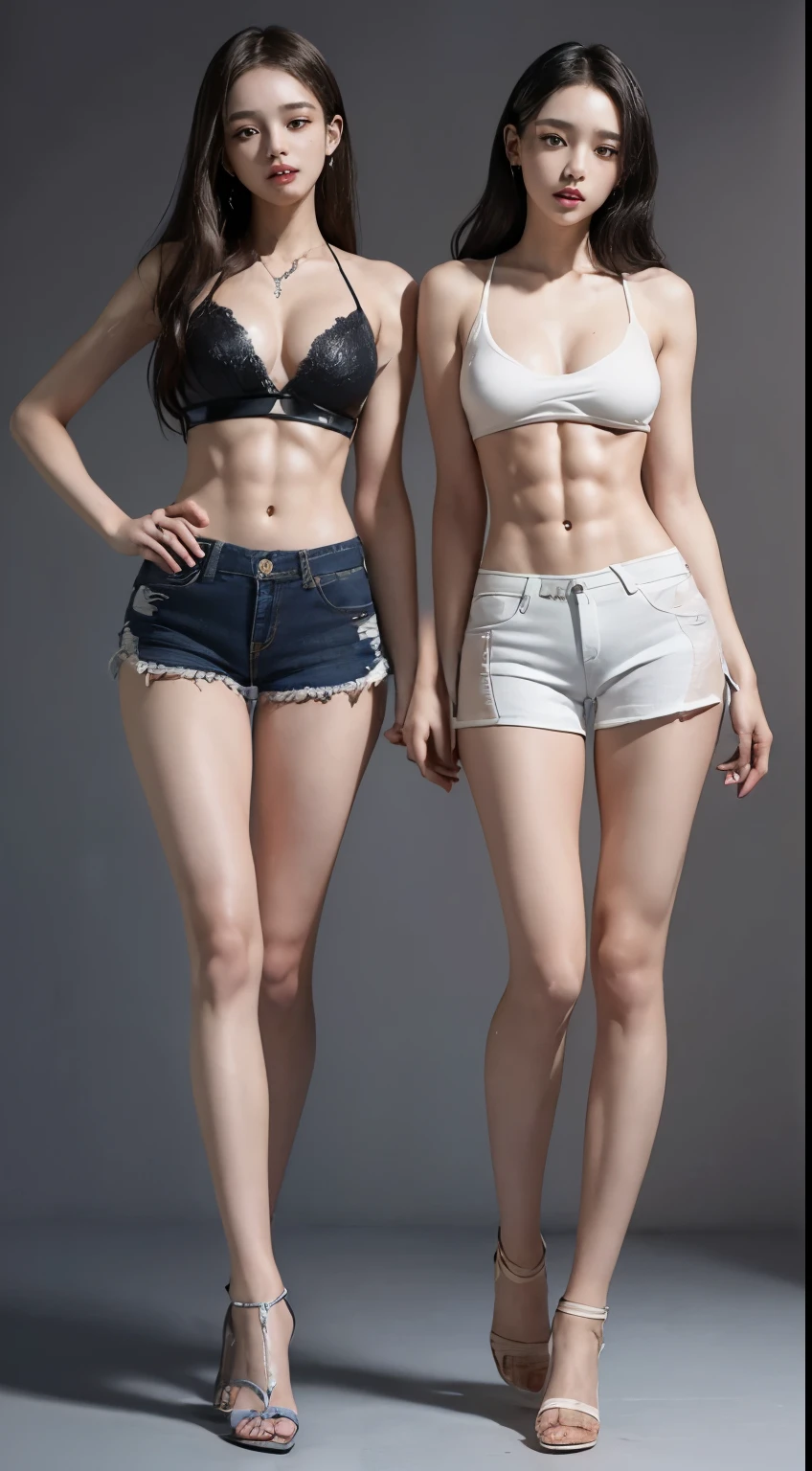 (8k、Raw photo、最high quality、masterpiece:1.5),((((Both of them stand with their legs apart:1.9)))),(((Both of them have an inseam that is more than half their height.:1.6))),((Both of them have bare legs.:1.3)),((Both of them are extremely slim:1.2)),((((Both girls look exactly like K-pop star Wonyoung:1.9)))),((Both of them have very long, slender legs.:1.6)),((Both are 173cm tall:1.4)),((The two have perfect supermodel style:1.3)),(((((Both of them take full body shots:1.8))))),(((Both of you should face your whole body straight ahead.:1.8))),((Photographed from below to show the whole body of the legs so that they look longer.:1.6)),Skin irregularities are reproduced in minute detail:1.4, (Super thin waist: 1.2), Thin buttocks,Open the navel,Detailed reproduction of the navel,(完璧なSuper thin thighs),(both of them are the same height:1.3),(((Both of them have amazingly slim figures.))),((Both of them are wearing super micro shorts.:1.4)),((Both are 17 years old)),(((Both of them are extremely exposed.:1.5))),((Both of them have super-strong abs:1.9)),(Both of them are wearing short, see-through white camisoles.:1.4),(Big boobs but no bra),(((Both of their erect nipples are visible through the fabric.))),(Both of them are covered in sweat),Highly detailed face and skin texture,(Both of you stand with your legs straight and without bending your knees.:1.3),(They're both the same height:1.3),Fair Asian Skin, Ultra-Realistic Details, Natural Shadows,(Very small hips:1.3),Large firm breasts, Super long thighs,(Super thin thighs),(Super slim calves),((Small Ass)),(Both of them have the slender bodies of well-trained track and field athletes.:1.5),(Super muscular body:1.5),Super toned waist,(Super thin waist:1.3),((White high heels)),lengthen limbs,(Shooting the whole body from calf height:1.5),(Both of them have slim, toned ankles.:1.2),(((Standing on the sidewalk in front of a stylish upscale restaurant:1.4))),(((Wide open abdomen:1.5))),Hands on hips,Both of them face forward,Super long arms,Thin hands,(Black hair ponytail),((Both of them stand up straight.)),(Keep your hips facing forward:1.5),Both of them are beautiful with 8-head body proportions.,Very thin ankles,The arms are very slender and muscular,The legs are super slender and muscular,Make your arms thinner,Super slim and muscular legs,Both of them have super long legs.,The middle of the thighs are very thin,(Super muscular and extremely slim calves),(Super muscular and slim thighs),(Very tight waist:1.2),((Both of them have an inseam that is more than half their height.の美脚:1.5)),Extremely thin thighs,Fine skin,Firm skin,(((Both of them should fit from the top of their heads to the toes of their heels.:1.5))),(((Both have beautiful legs))),(Both of them are super muscular and have slim legs.:1.2),(toned thin legs:1.2),((Sunny afternoon:1.2)),Midsummer:1.2, Super detailed, High detail, high quality, Awards,High resolution,((Anatomically correct))