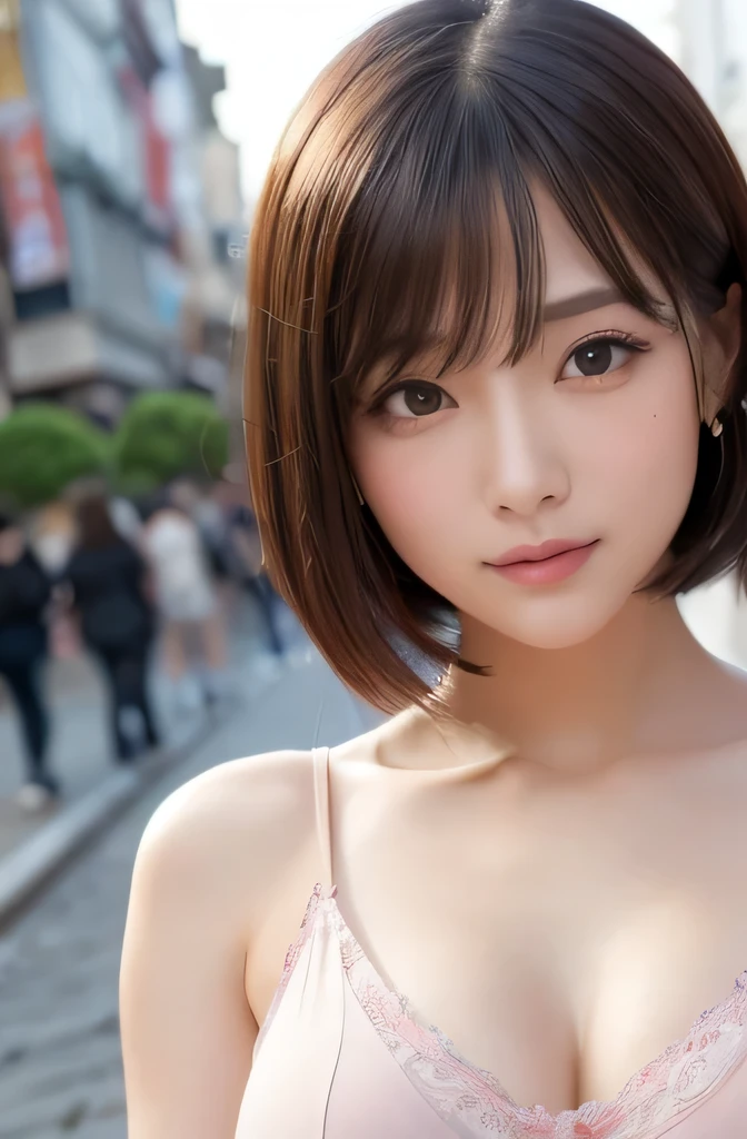((highest quality)), ((masterpiece)), (detailed), Perfect face masutepiece, Best Quality, Illustration, Ultra-detailed, finely detail, hight resolution, 8K Wallpaper, Perfect dynamic composition, Beautiful detailed eyes,,Medium Hair,Small breasts natural color lip, Bold sexy poses,Harajuku、20 years girl、Cute、Sexy shot looking at camera、one woman,dress,nipples standing out from under clothing,super tight clothes,stoop down,muscular,naughty expression,short hair,bob hair,crowd of people、