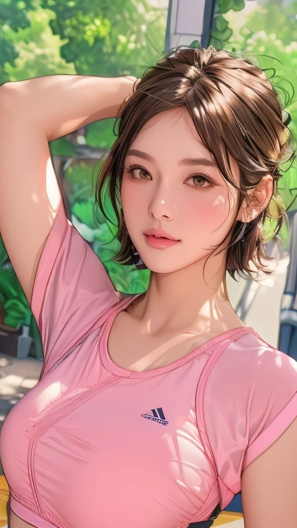 Highly detailed CG Unity 8k wallpaper, highest quality, Very detailed, Realistic, photo realistic, Very knowledgeable cute girl, Age 25, logic, Belly logic, Round eyes, audience, blush, Lips parted, Half Body Shot, Sportswear, Gym, Underarm, short hair, Underarm, masterpiece, textured skin, high details, 8k