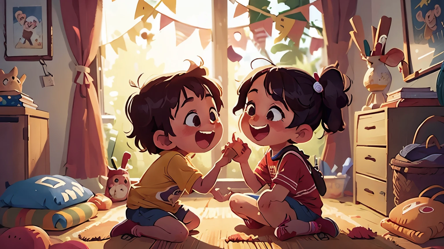 Two children, best friends, playing and laughing together, 8K, high detailed, Disney Pixar style, joyful and vibrant atmosphere