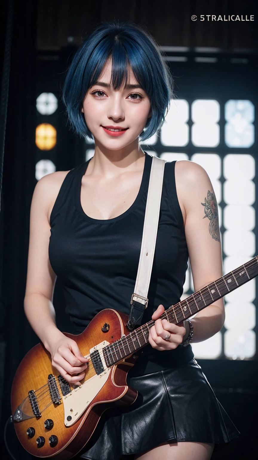 ((best quality)), photorealistic, photorealism, Photorealistic, high resolution, Leather vest、Black t shirt、Red checked knee-length skirt、Long skirt、JK Style、Jacket、smile、A superb beauty、Super cute、ennui、Rare beauty、Very Short hair、Aestethic tatoo、Black Dark Eyeshadow、Sad、white skin、pale skin, Very short hair layered、Dark Gothic Makeup、Cute Smile、Fragrant beauty、Stained glass background、Mastepiece、Best Quality、Refers to 5 books、Sweat glistening on my chest、Sweat glistening on my face、Small breasts、Blue hair、Age 20 years old、Mysterious look、A sad expression、Blue Hair、mysterious gothic church、enchanting castle、Sweating profusely all over the body、A lot of sweat and light on the thighs、Shiny thighs、Plenty of sweat glistening on the thighs、A large amount of sweat glistens on my thighs、Sweating profusely、Gal、Medium breasts、Beautiful face、Alluring expression、Thin thighs、Playing electric guitar、I have an electric guitar、Sing a song enthusiastically、Playing guitar in a band、Rock band、Playing guitar chords、Live House Background、Sing a song、Open your mouth、Live house scenery、Mike stand、Glamorous live stage、Dynamic Angle、cinematic lighting