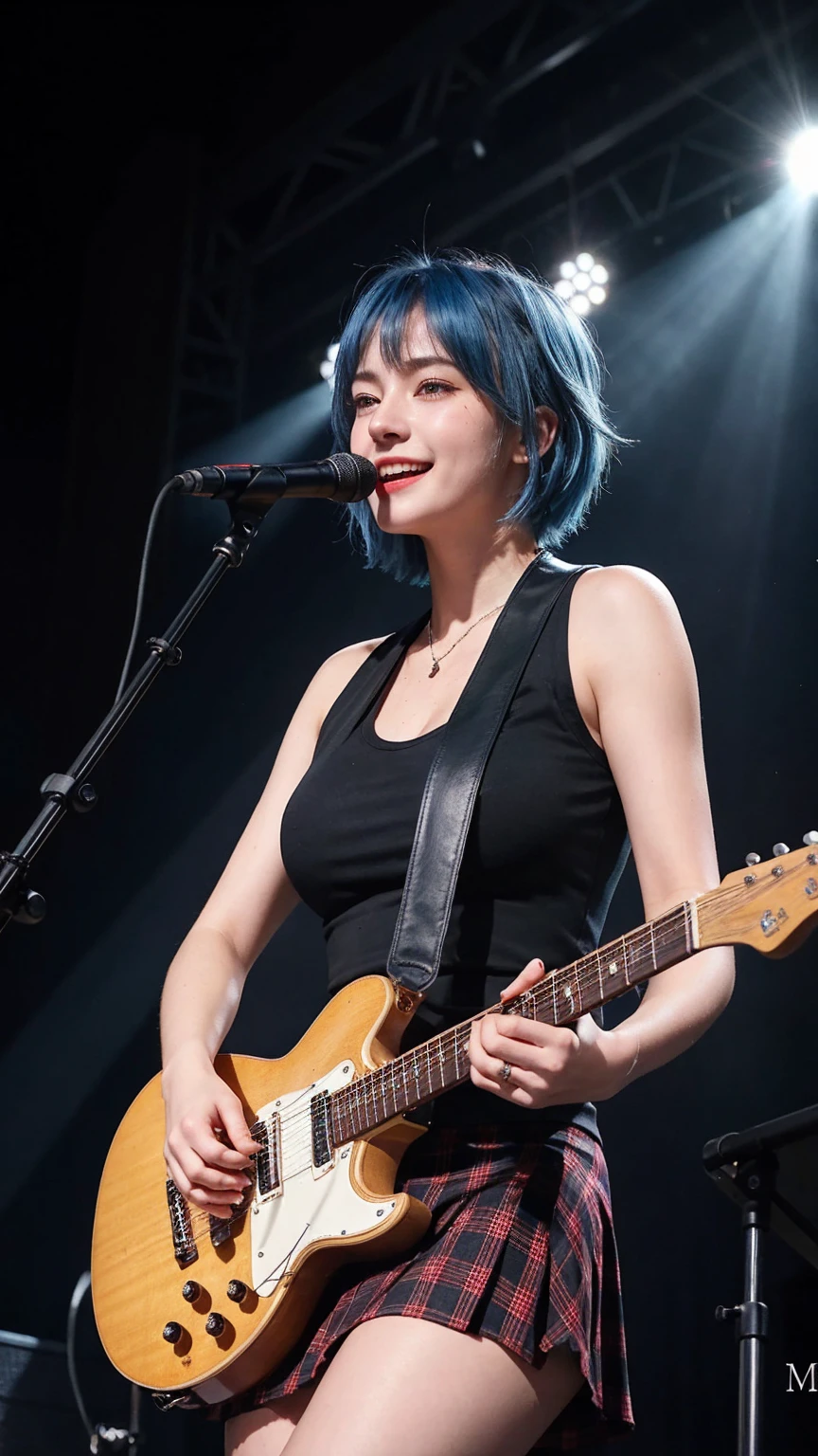 ((best quality)), photorealistic, photorealism, Photorealistic, high resolution, Leather vest、Black t shirt、Red checked knee-length skirt、Long skirt、JK Style、Jacket、smile、A superb beauty、Super cute、ennui、Rare beauty、Very Short hair、Aestethic tatoo、Black Dark Eyeshadow、Sad、white skin、pale skin, Very short hair layered、Dark Gothic Makeup、Cute Smile、Fragrant beauty、Stained glass background、Mastepiece、Best Quality、Refers to 5 books、Sweat glistening on my chest、Sweat glistening on my face、Small breasts、Blue hair、Age 20 years old、Mysterious look、A sad expression、Blue Hair、mysterious gothic church、enchanting castle、Sweating profusely all over the body、A lot of sweat and light on the thighs、Shiny thighs、Plenty of sweat glistening on the thighs、A large amount of sweat glistens on my thighs、Sweating profusely、Gal、Medium breasts、Beautiful face、Alluring expression、Thin thighs、Playing electric guitar、I have an electric guitar、Sing a song enthusiastically、Playing guitar in a band、Rock band、Playing guitar chords、Live House Background、Sing a song、Open your mouth、Live house scenery、Mike stand、Glamorous live stage、Dynamic Angle、cinematic lighting