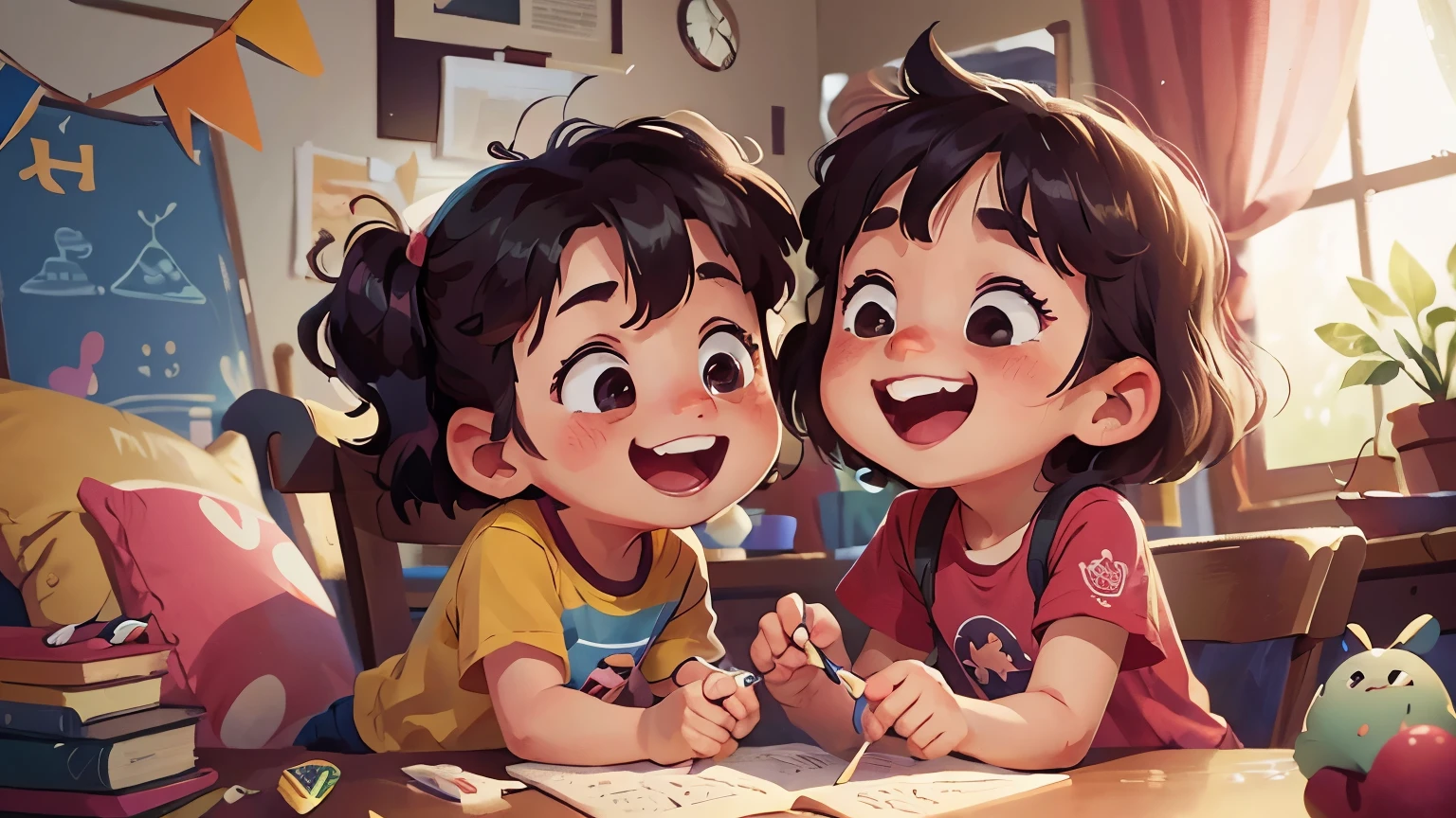 Two children, best friends, playing and laughing together, 8K, high detailed, Disney Pixar style, joyful and vibrant atmosphere