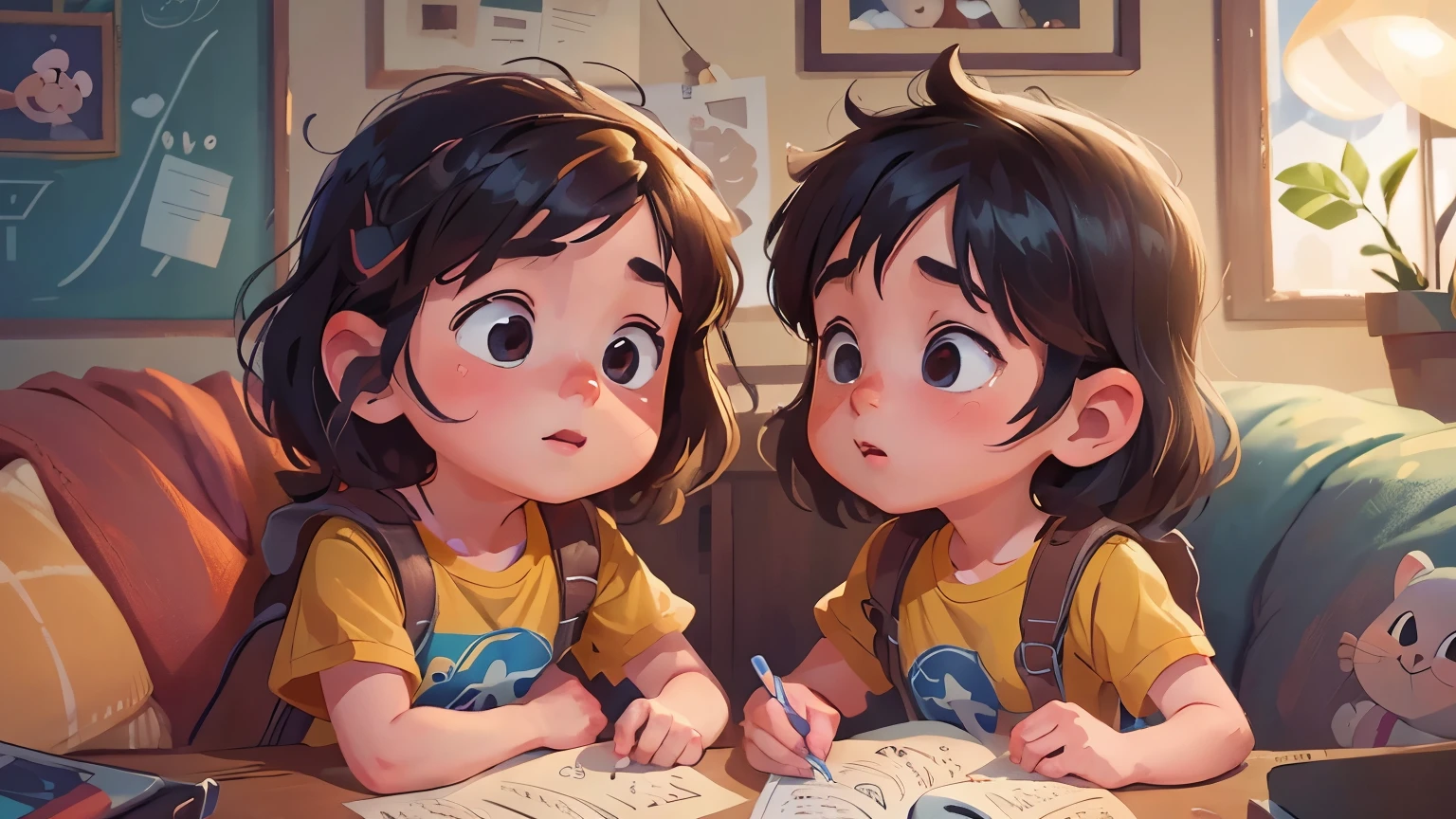 Two children, best friends, helping each other, 8K, high detailed, Disney Pixar style, warm and caring atmosphere