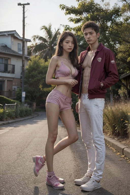 early morning,Original Photography,Practical,realistic,A young girl and a young man in a romance ,Sexy atmosphere,Morning Girl, 22 years old, Practical, She is wearing a pink tracksuit, brown hair,Small cleavage,Slender long legs