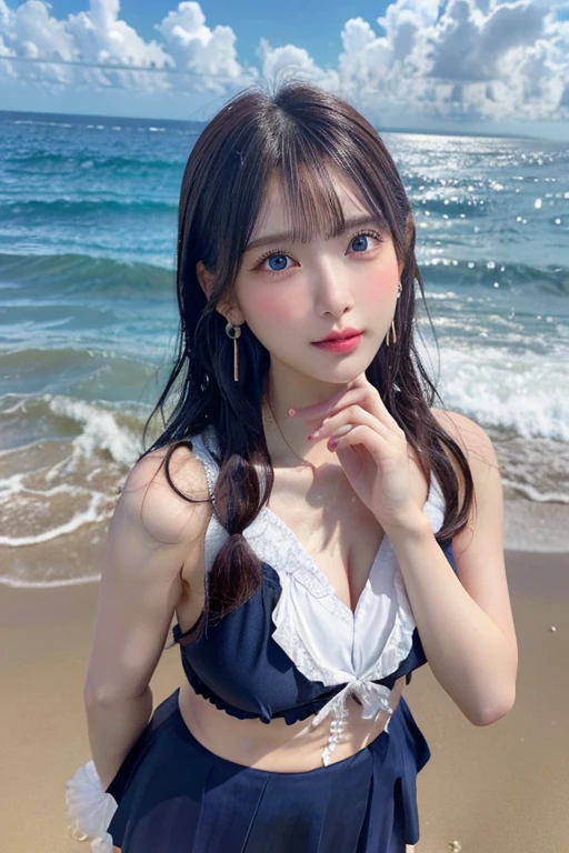★composition:(Full body photo)★quality:(2 girls), (Perfect hands:1.2), (Perfect Anatomy:1.2), (best quality:1.3), (masterpiece:1.3), (Very detailed:0.8), 17 years old, 完璧なface, かわいくて左右対称のface, 童face, Pink Lips, (:1.1), High resolution, High resolution, CG Unity 8k, Nice hands, throw, top quality, ★performance:(笑face:1.3), (:1.4), Happy, charm的な, faceを見て感じる, (Look at other people:1.3), looking up★被写体:(toru asakura: 1.3), ★face:detailed face, (beautiful face: 1.1), beautiful girl, cute, charm, beautiful detailed face, ★eye:blue eyes, detailed eyes, キラキラしたeye, charm的なeyeの反射, キラキラ輝くeye元, Pupil depth and three-dimensional effect, 虹彩の色の微妙な変化 ★イルミネーション:Light of the sun, ★chest: 小さなchest、Detailed skin, (chestの谷間:1.4), Shiny skin, ★hair: :(Wolf Cut)★style: animation, shape, (Wet:1.2), ★environment:Ocean, cloud, Day, Beach, ★Costumes :((JK Uniform、Take off your clothes)) , jewelry, Earrings, necklace, Earrings, accessories, ★One:Small Head, ★action:Blowjob