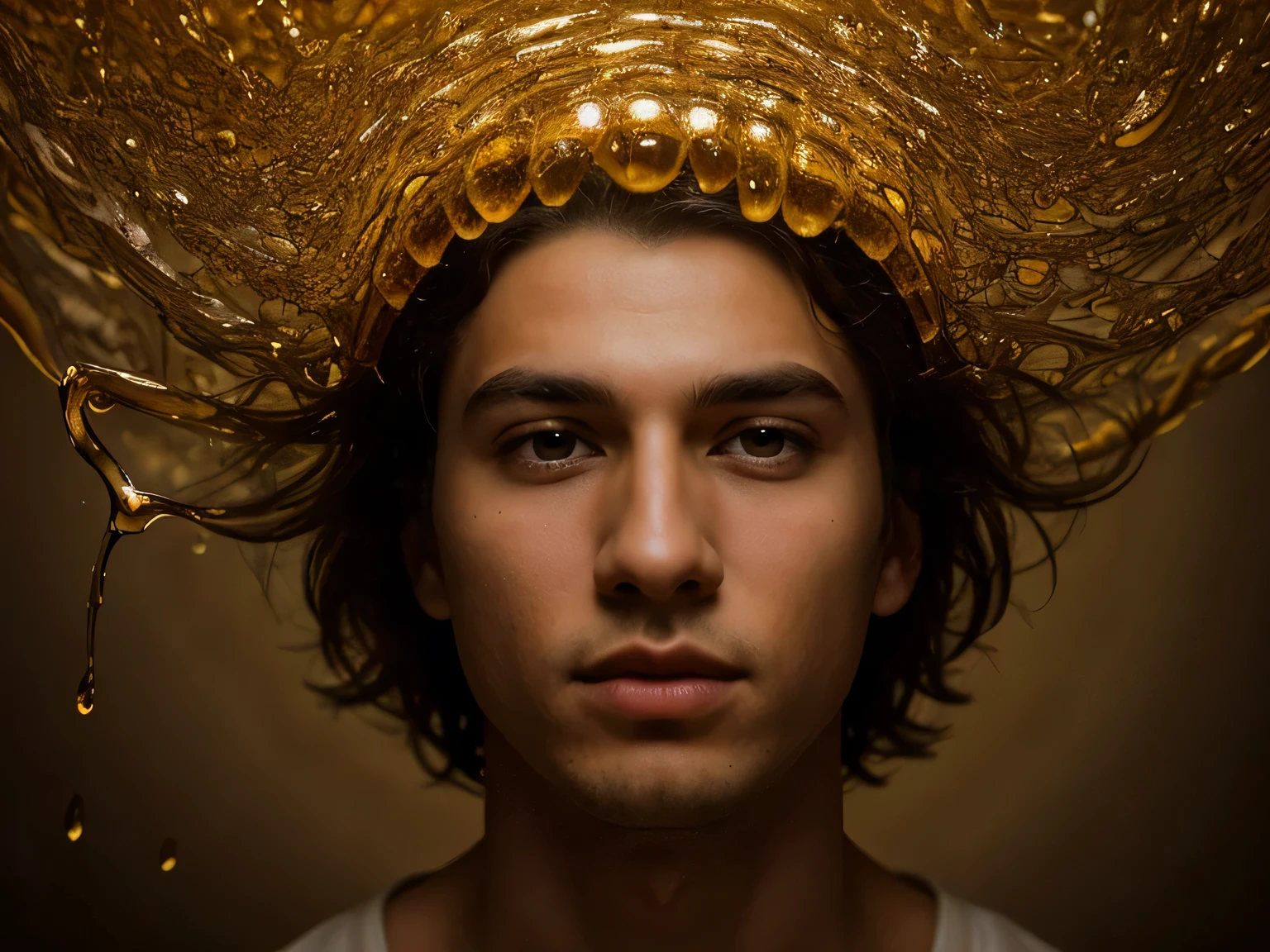 A young male inside a giant drop of honey falling from the sky, beautiful detailed eyes, detailed facial features, ornate honey drop, dramatic lighting, cinematic composition, golden tones, dramatic atmosphere, surreal, photorealistic, high resolution