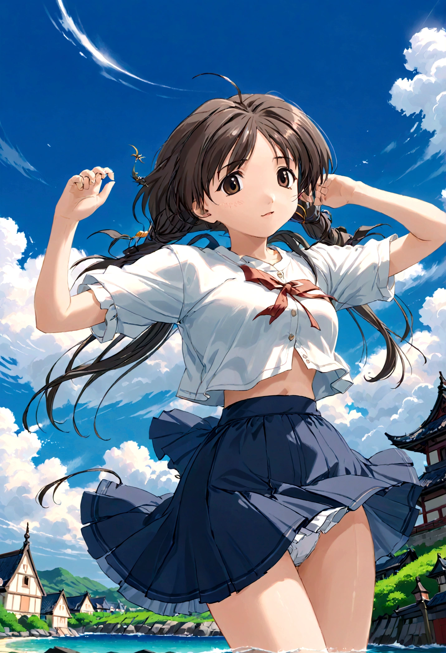 Low - Angle、Long skirt、強WindでHolding the flipping skirt with your hand、強WindでWhite cotton pantiesが見えている、:((Holding the flipping skirt with your hand))Low - Angle8Kで、highest quality、masterpiece、Ultra-detailed、Ultra-high resolution、Anime Style、1. High school girl、強Wind、((Holding the flipping skirt with your hand))、(impatient)White cotton panties:1.5), (Wind:1.25), (highest quality:1.0), (masterpiece:1.0), (Ultra-fine illustrations:1.0), ネイビーブルーのLong skirt、
、Lined、