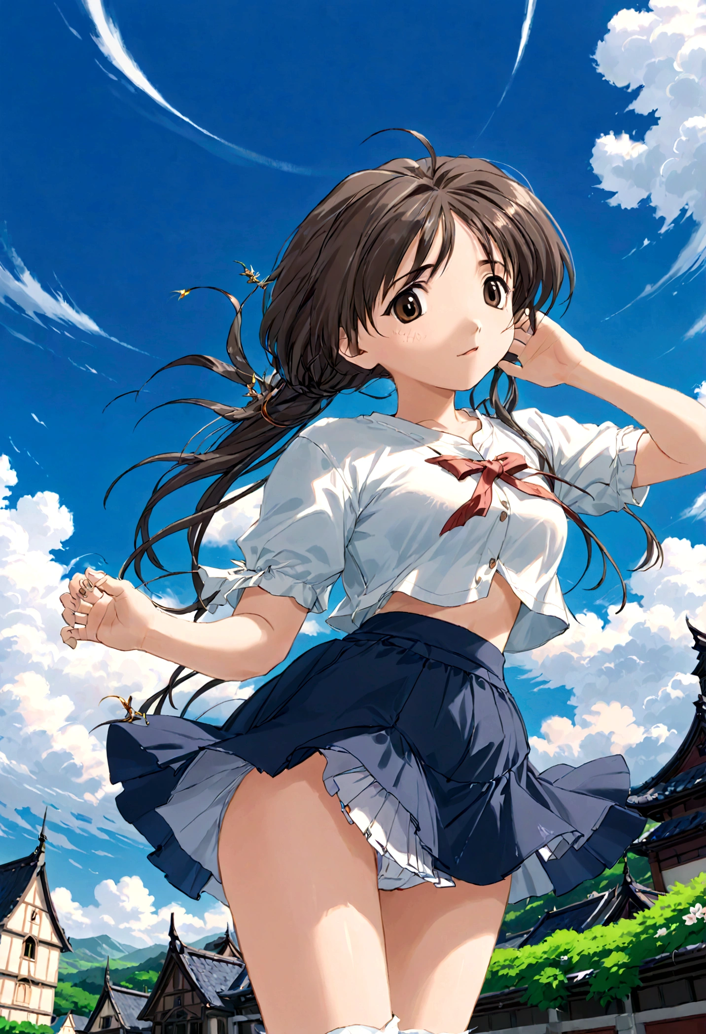 Low - Angle、Long skirt、強WindでHolding the flipping skirt with your hand、強WindでWhite cotton pantiesが見えている、:((Holding the flipping skirt with your hand))Low - Angle8Kで、highest quality、masterpiece、Ultra-detailed、Ultra-high resolution、Anime Style、1. High school girl、強Wind、((Holding the flipping skirt with your hand))、(impatient)White cotton panties:1.5), (Wind:1.25), (highest quality:1.0), (masterpiece:1.0), (Ultra-fine illustrations:1.0), ネイビーブルーのLong skirt、
、Lined、