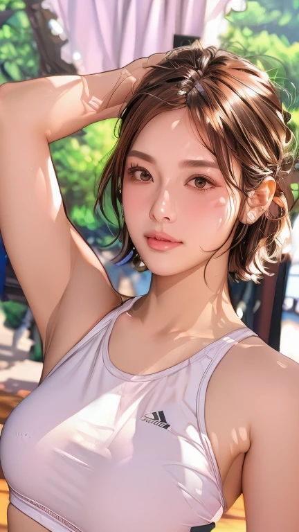 Highly detailed CG Unity 8k wallpaper, highest quality, Very detailed, Realistic, photo realistic, Very knowledgeable cute girl, Age 25, logic, Belly logic, Round eyes, audience, blush, Lips parted, Half Body Shot, Sportswear, Gym, Underarm, short hair, Underarm, masterpiece, textured skin, high details, 8k