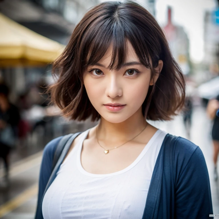 ((highest quality, 8K, masterpiece:1.3)), concentrated: 1.2, Bee hips, perfect body beauty: 1.4, buttocks: 1.2, ((layered haircut, Huge silicone: 1.2)), (rain, street:1.3), bandeau dress: 1.1, Highly detailed face and skin texture, fine eyes, double eyelid, whitened skin, long hair, (shut up: 1.3), whole body, breasts as big as a basketball,style Japanese movie Cutie Honey
