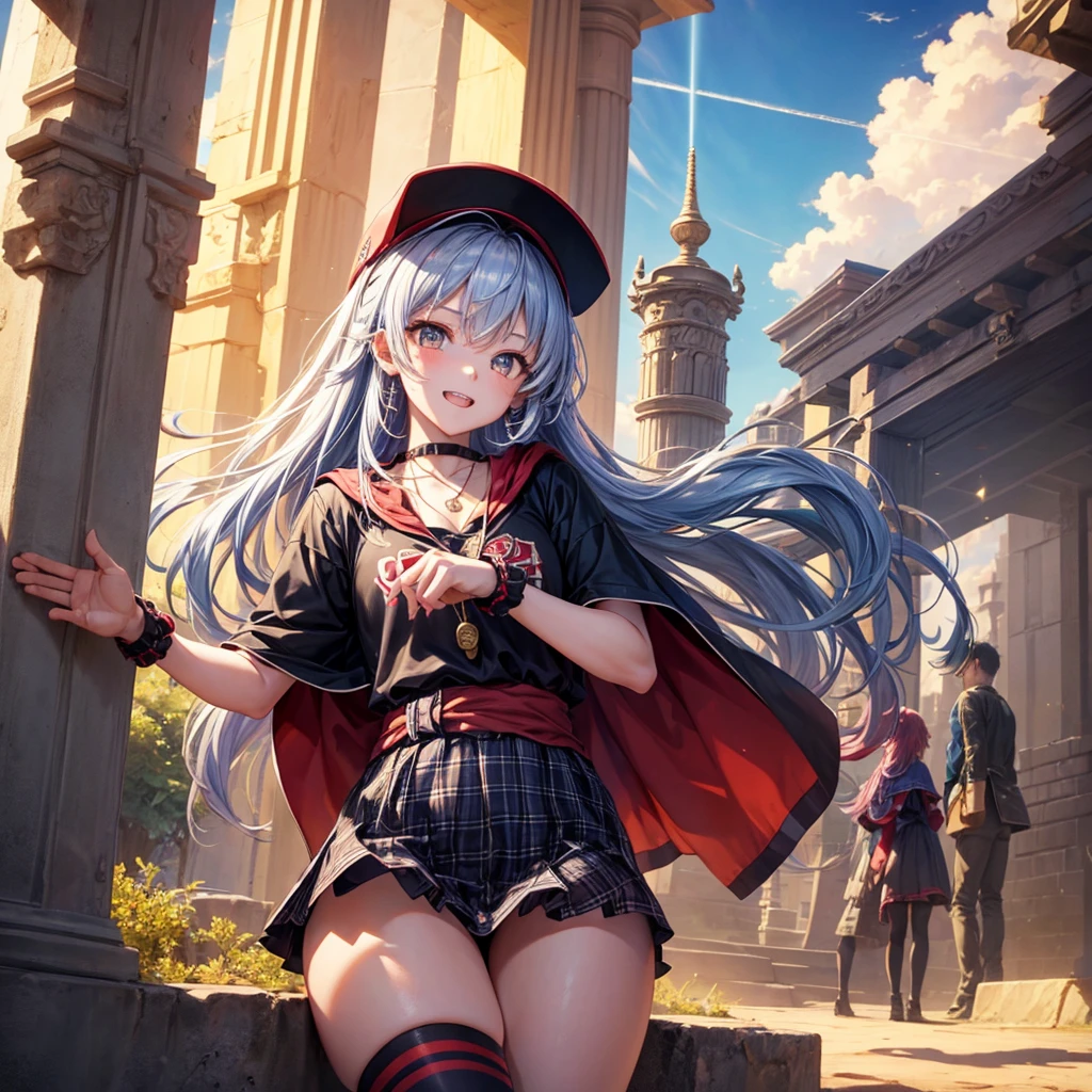 Red Blue Hair、Golden Eyes、Braid、One good looking girl、solo、anime、Checkered mini skirt、Ruffles on the skirt、Red T-shirt、Cape、Gothic、Black knee-high socks、Wearing a baseball cap、Wearing a ribbon、Ribbon on waist、Tilting face、Teeth are visible、Sunset sky、Piercing the clouds、Contrail、Cumulonimbus、Pillar of Light、Silver coin necklace、A world of light、shine、Tap from above、bell、torii、Desert Oasis、Magic square in the sky